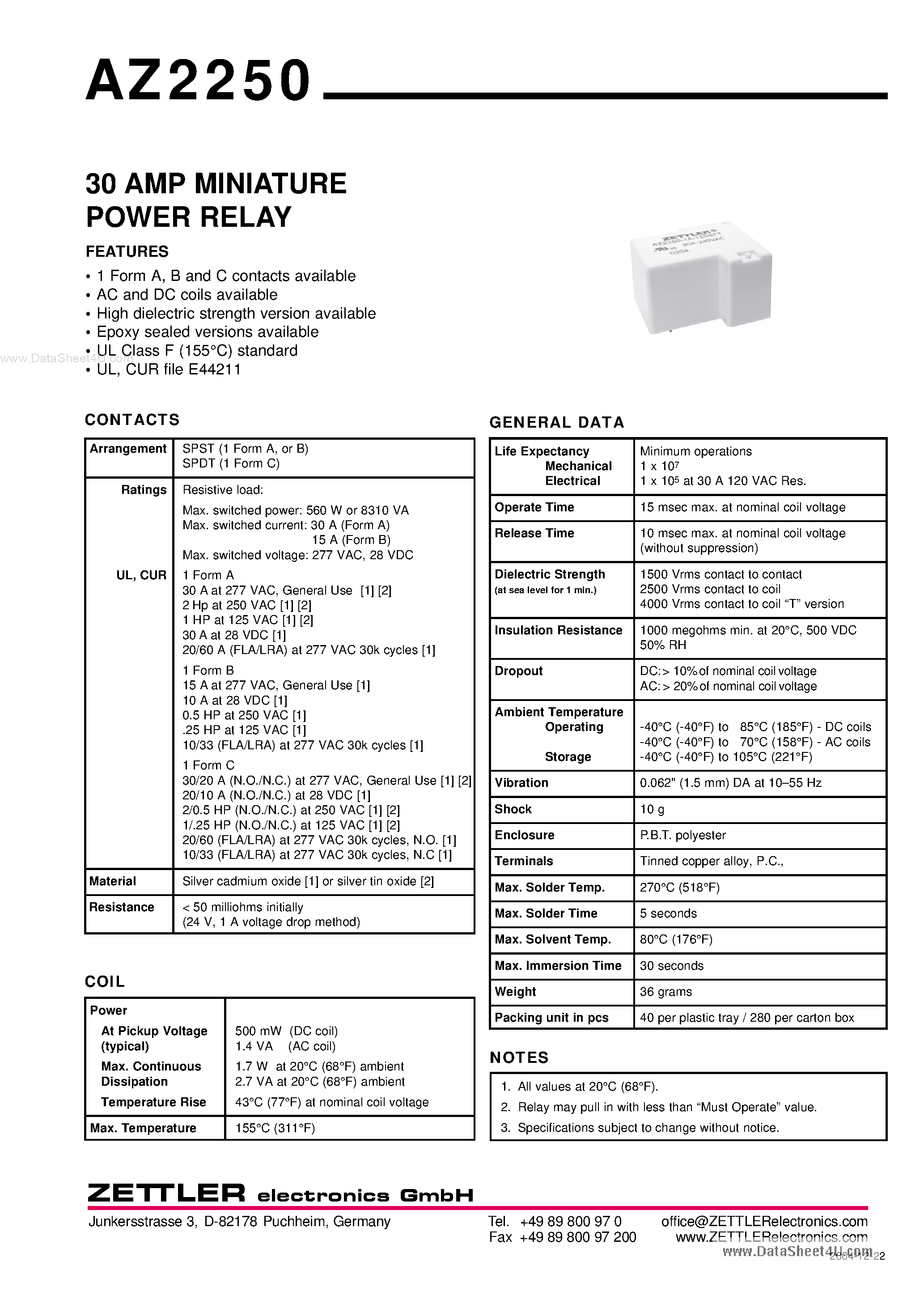 Даташит на микросхему AZ2250 страница 1 Даташит AZ2250 - 30 AMP MINIATURE POWER RELAY страница 1