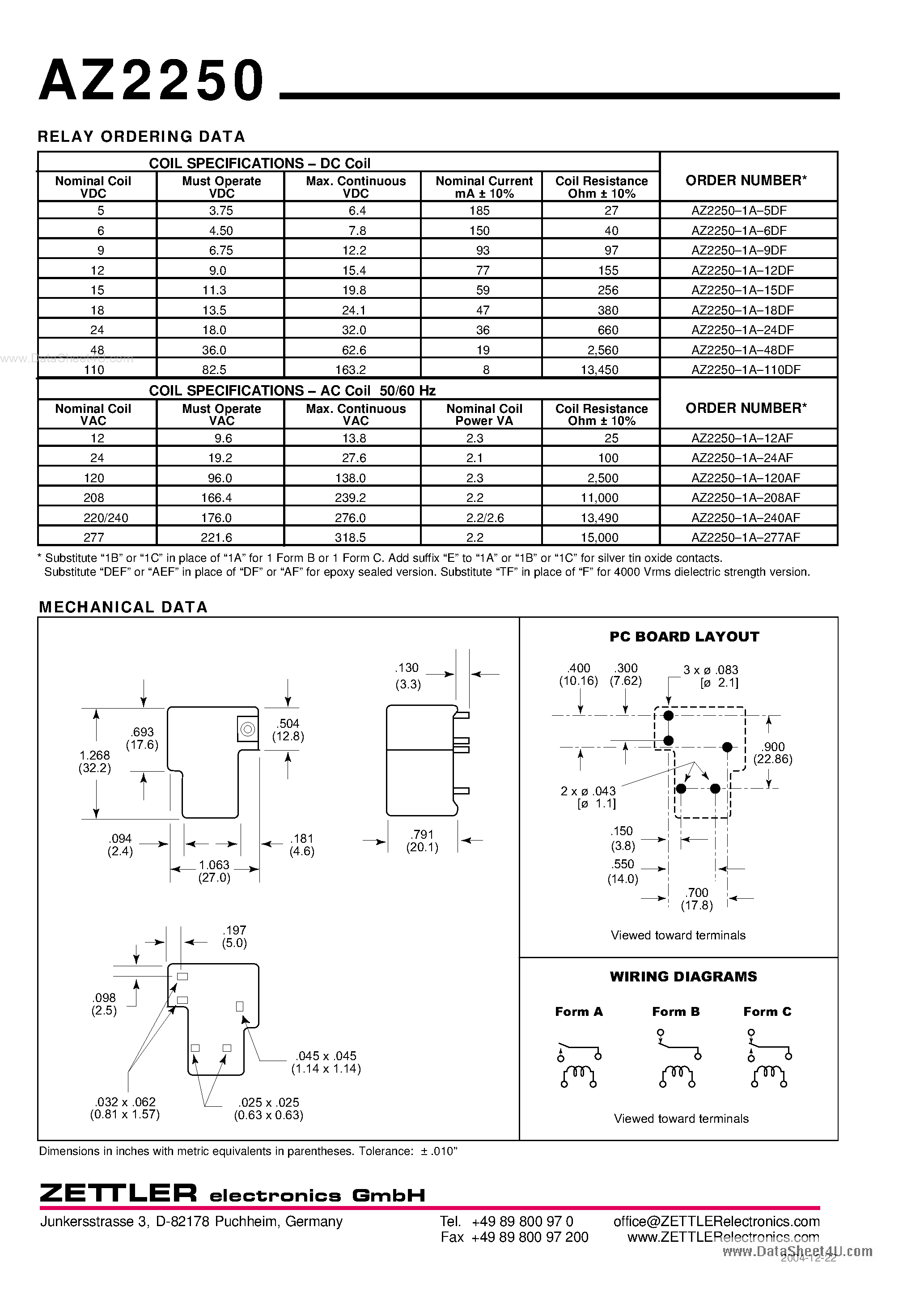 Даташит на микросхему AZ2250 страница 2 Даташит AZ2250 - 30 AMP MINIATURE POWER RELAY страница 2
