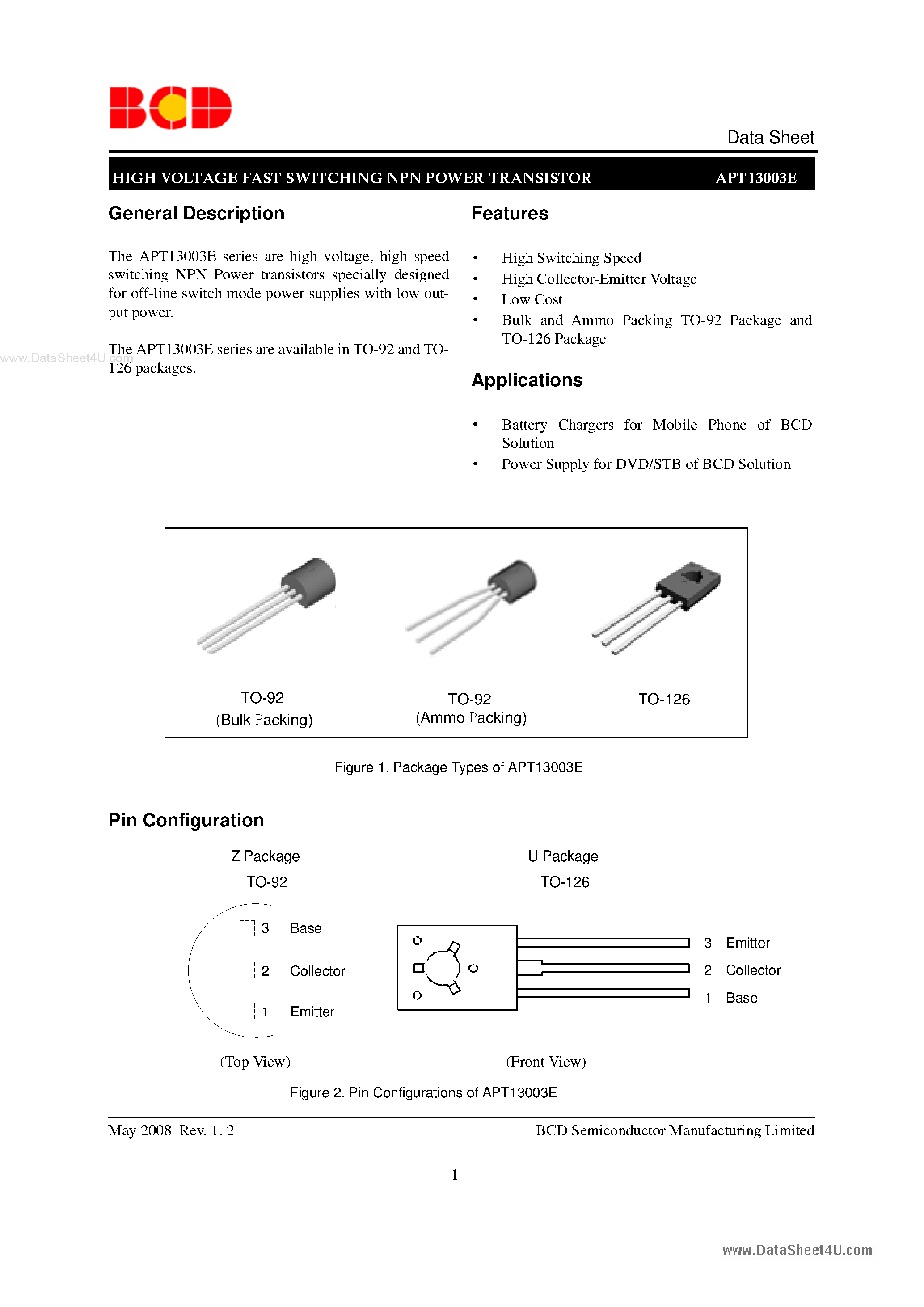 Даташит APT13003E - HIGH VOLTAGE FAST SWITCHING NPN POWER TRANSISTOR страница 1