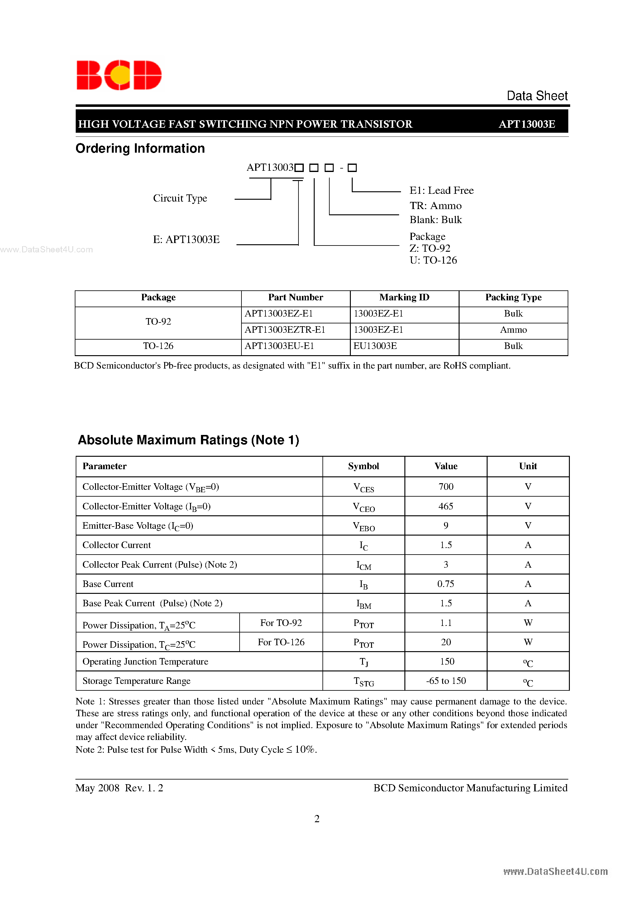 Даташит APT13003E - HIGH VOLTAGE FAST SWITCHING NPN POWER TRANSISTOR страница 2