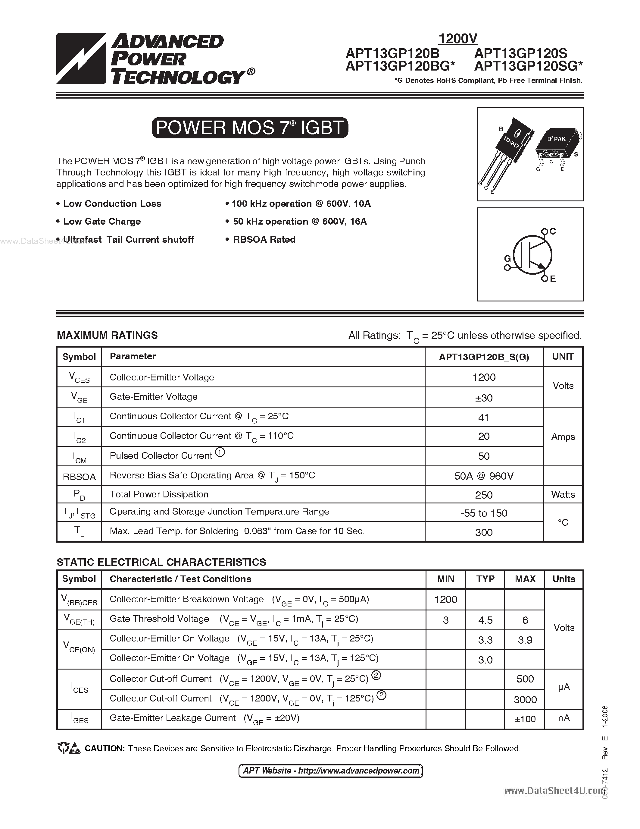 Datasheet APT13GP120B - POWER MOS 7 IGBT page 1