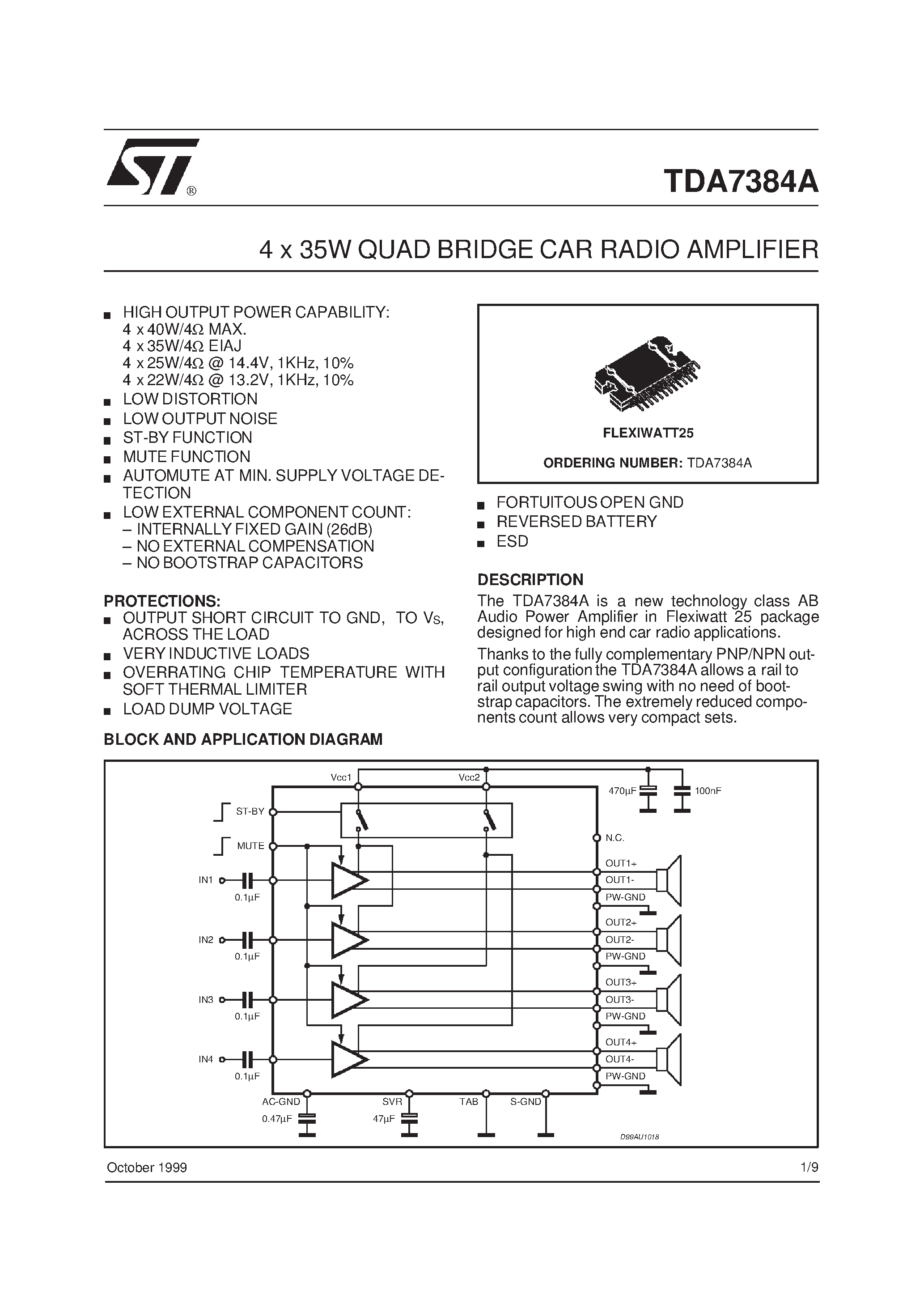 Datasheet TDA-7384 - 4 x 35W QUAD BRIDGE CAR RADIO AMPLIFIER page 1