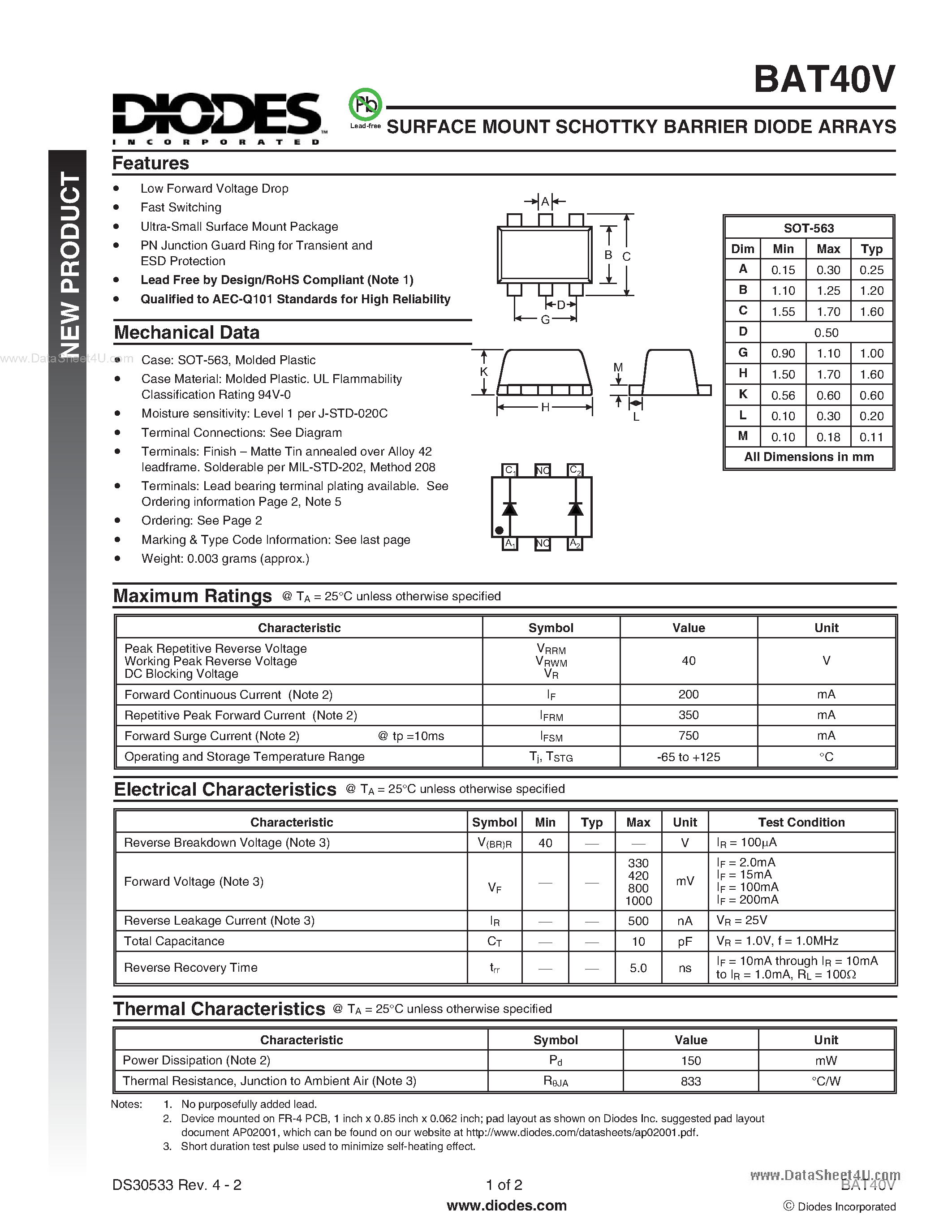 Даташит BAT40V - SURFACE MOUNT SCHOTTKY BARRIER DIODE ARRAYS страница 1