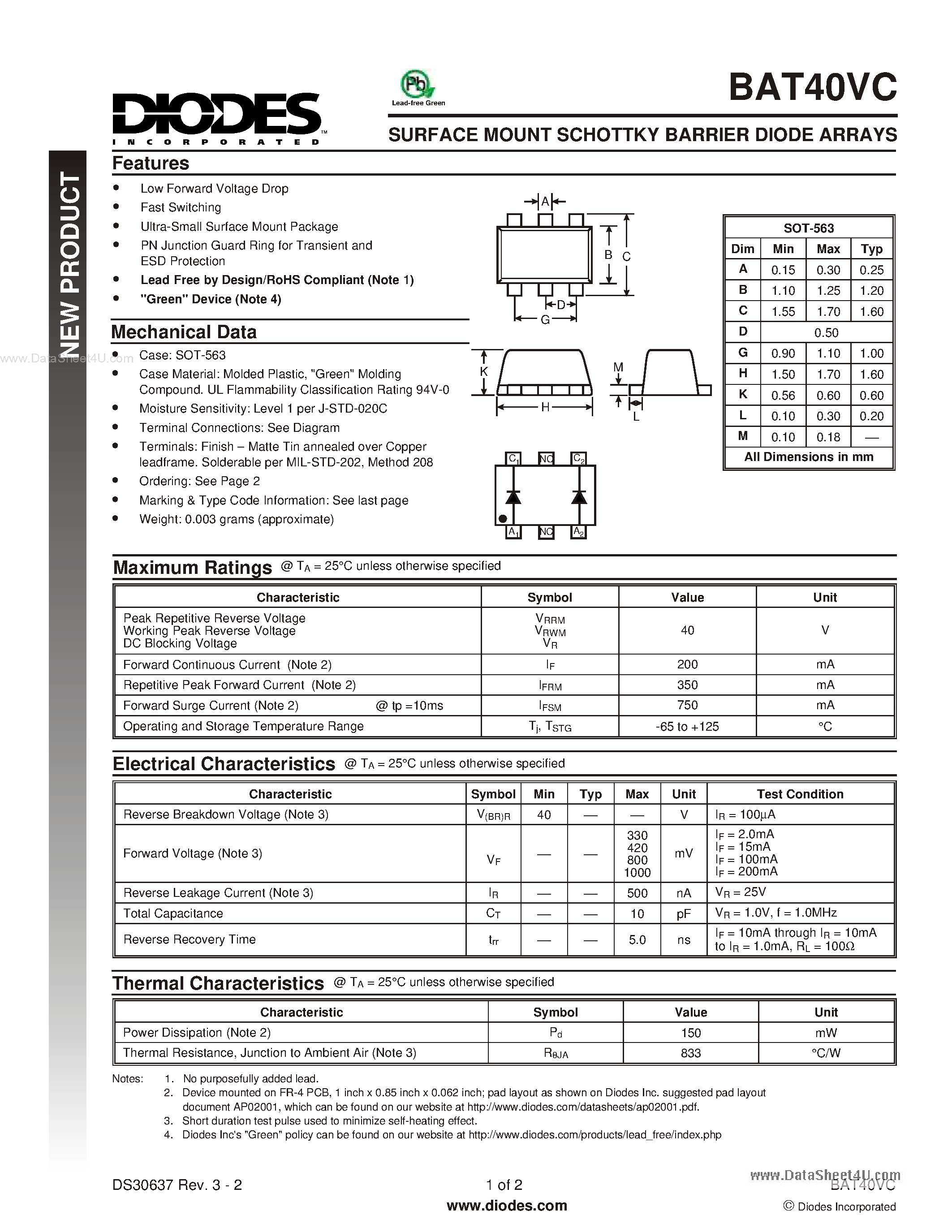 Datasheet BAT40VC - SURFACE MOUNT SCHOTTKY BARRIER DIODE ARRAYS page 1