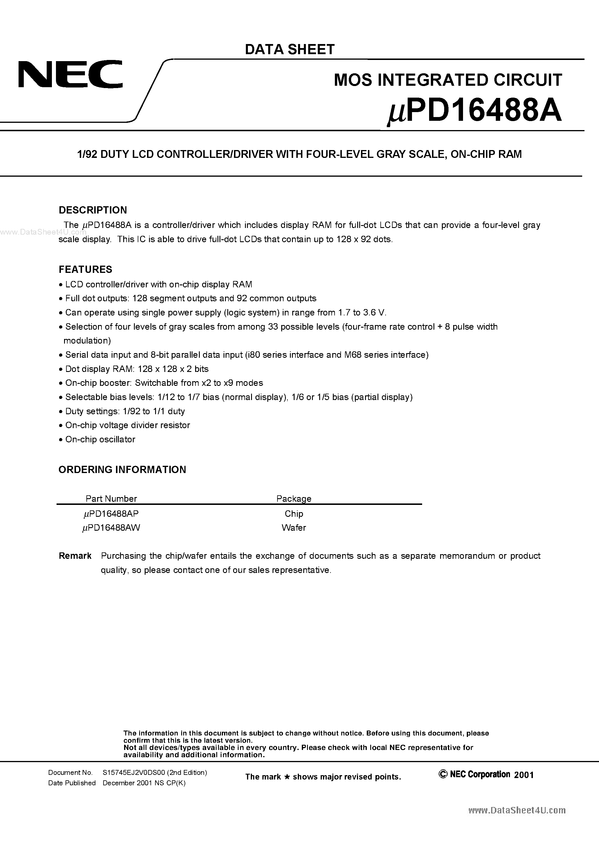 Datasheet UPD16488A - 1/92 DUTY LCD CONTROLLER/DRIVER page 1