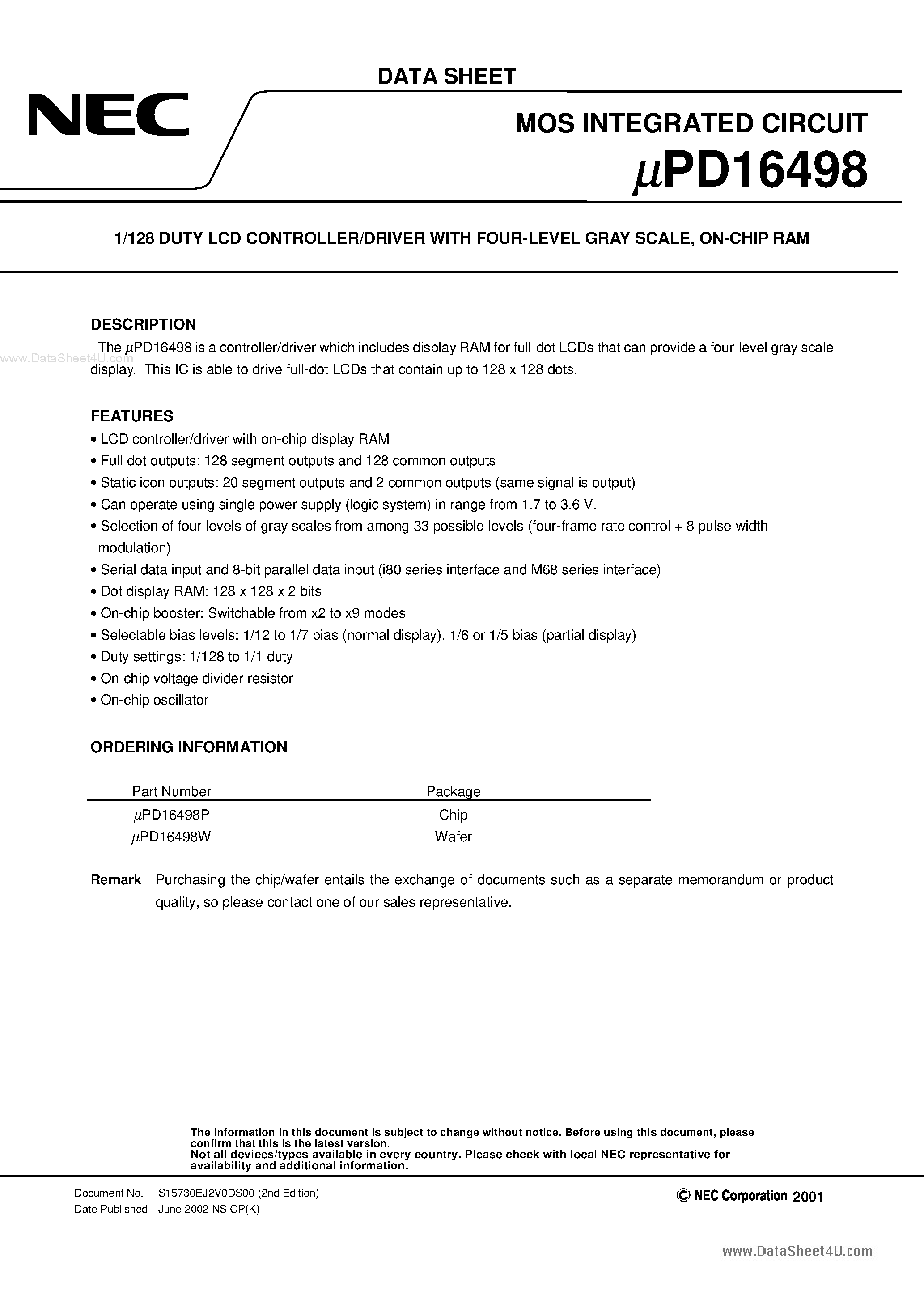 Datasheet UPD16498 - 1/128 DUTY LCD CONTROLLER/DRIVER page 1