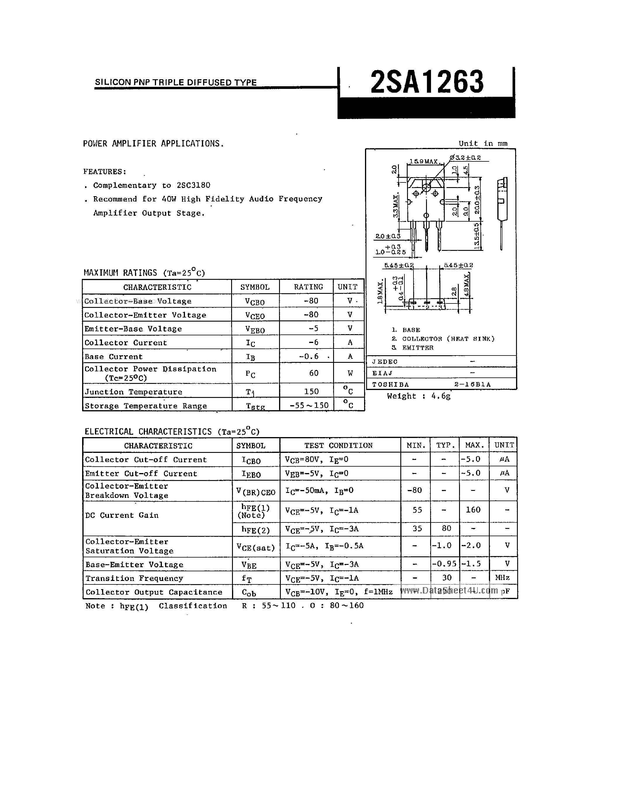 Datasheet 2SA1263 page 1 Datasheet 2SA1263 - SILICON PNP TRIPLE DIFFUSED TYPE page 1