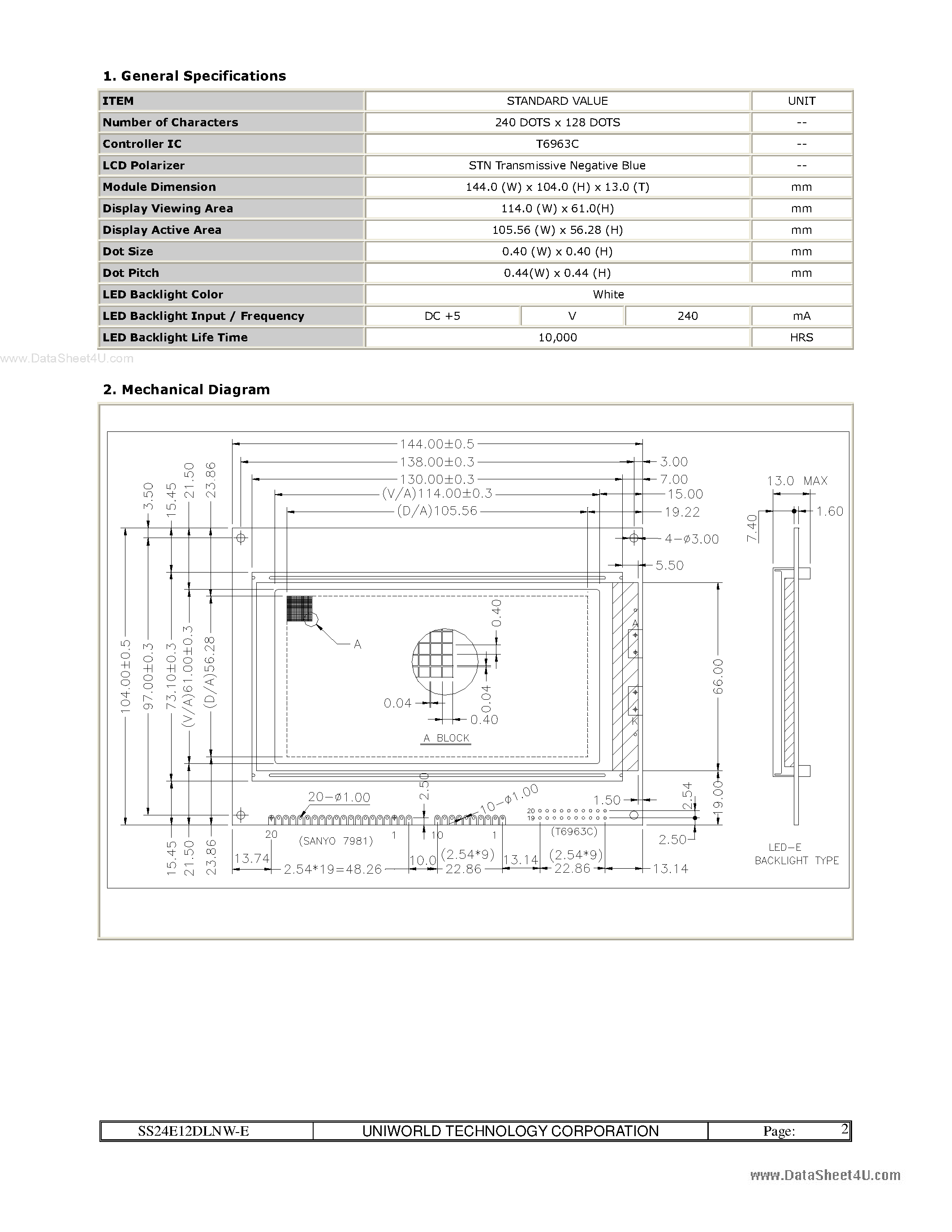 Даташит SS24E12DLNW-E - LCD Module страница 2