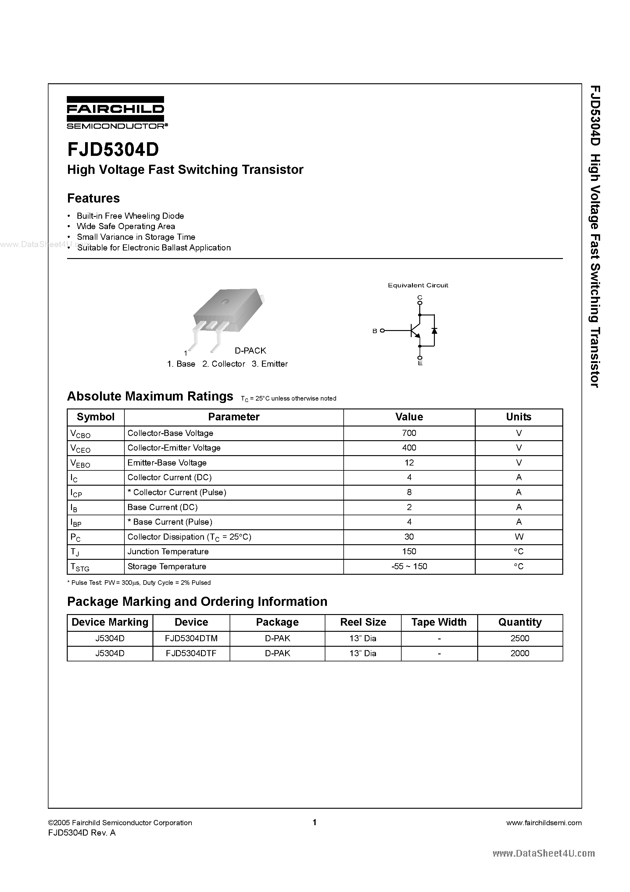 Даташит на микросхему FJD5304D страница 1 Даташит FJD5304D - High Voltage Fast Switching Transistor страница 1