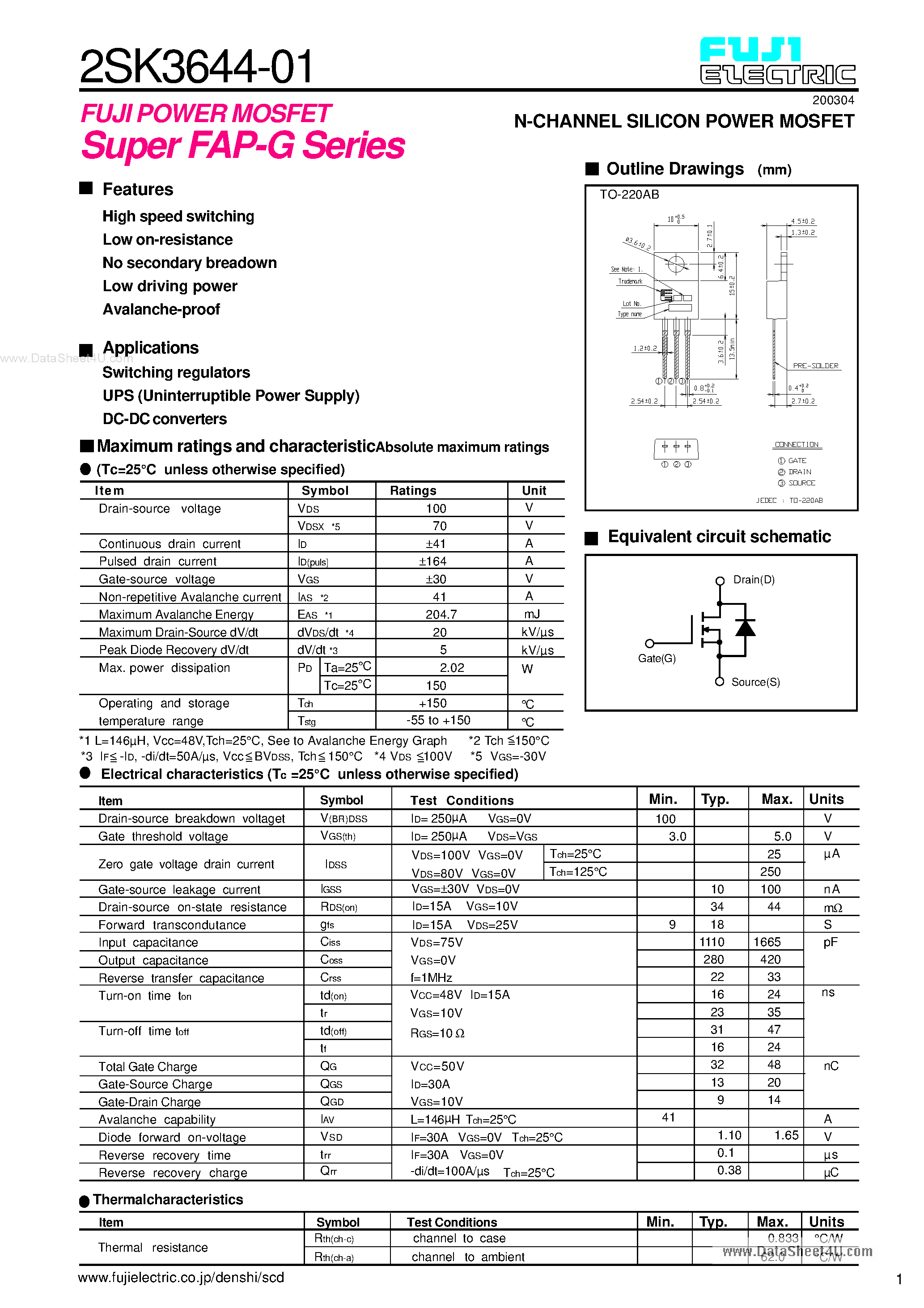 Datasheet 2SK3644-01 - N-CHANNEL SILICON POWER MOSFET page 1