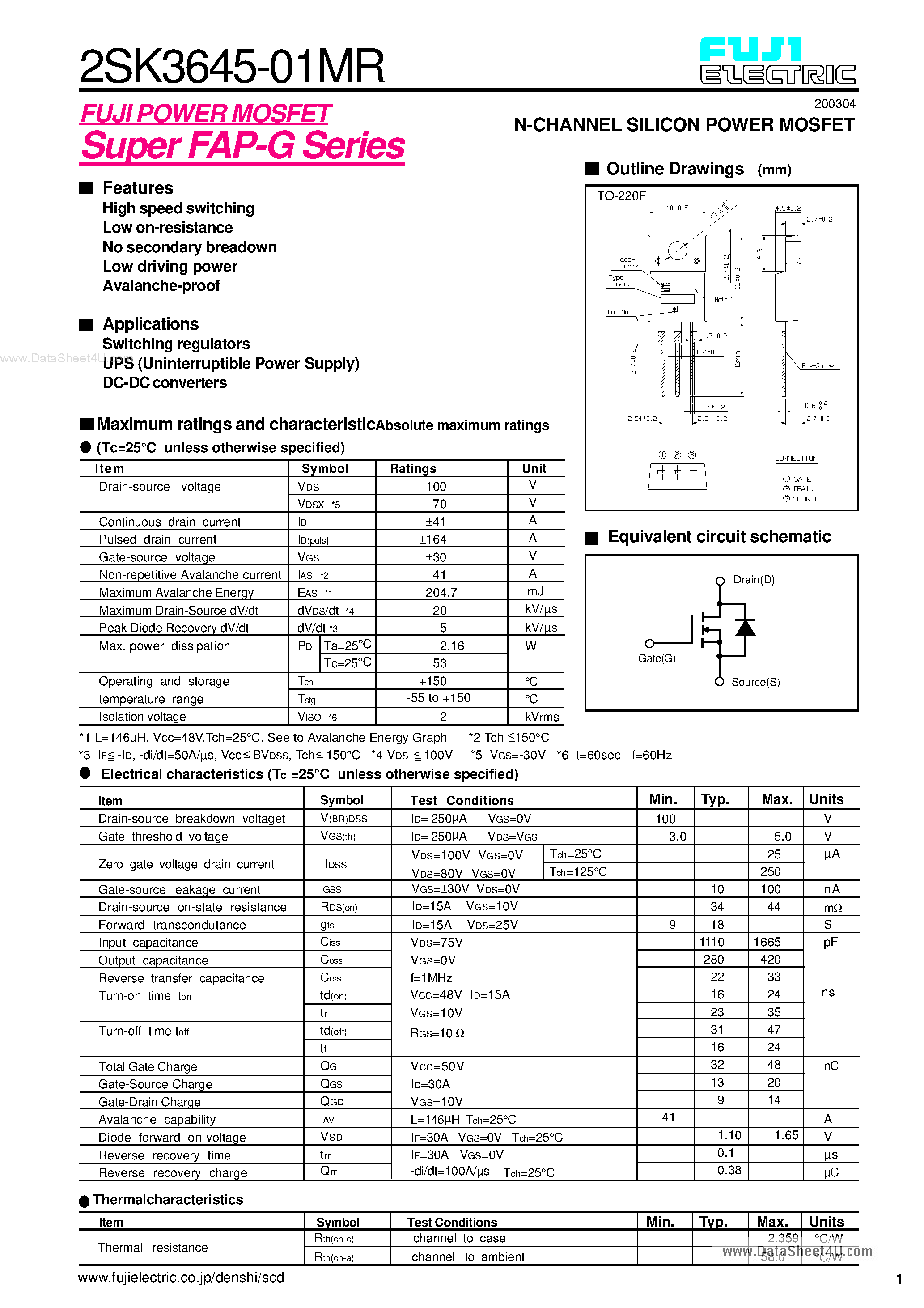 Datasheet 2SK3645-01MR - N-CHANNEL SILICON POWER MOSFET page 1