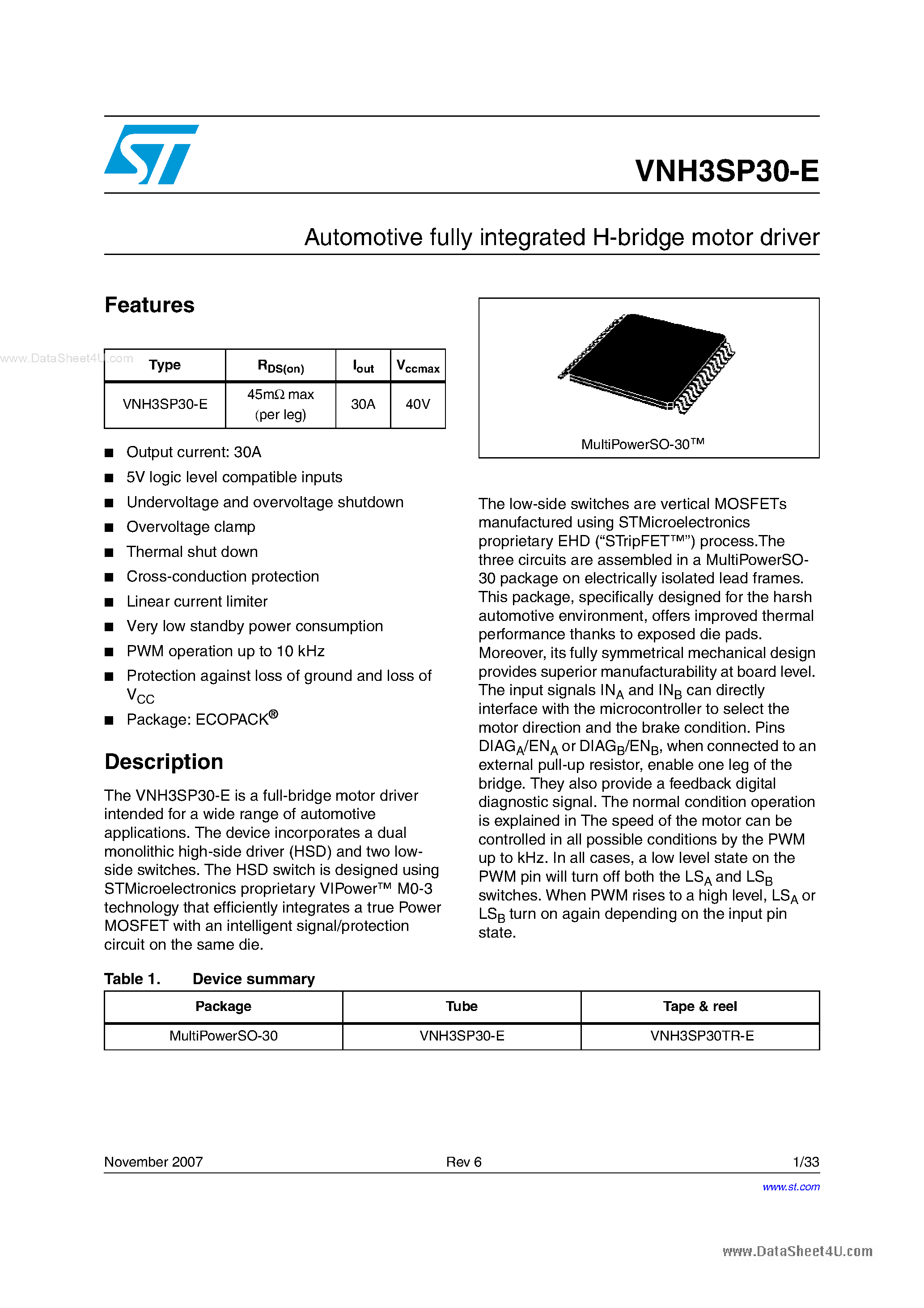 Datasheet VNH3SP30-E - AUTOMOTIVE FULLY INTEGRATED H-BRIDGE MOTOR DRIVER page 1