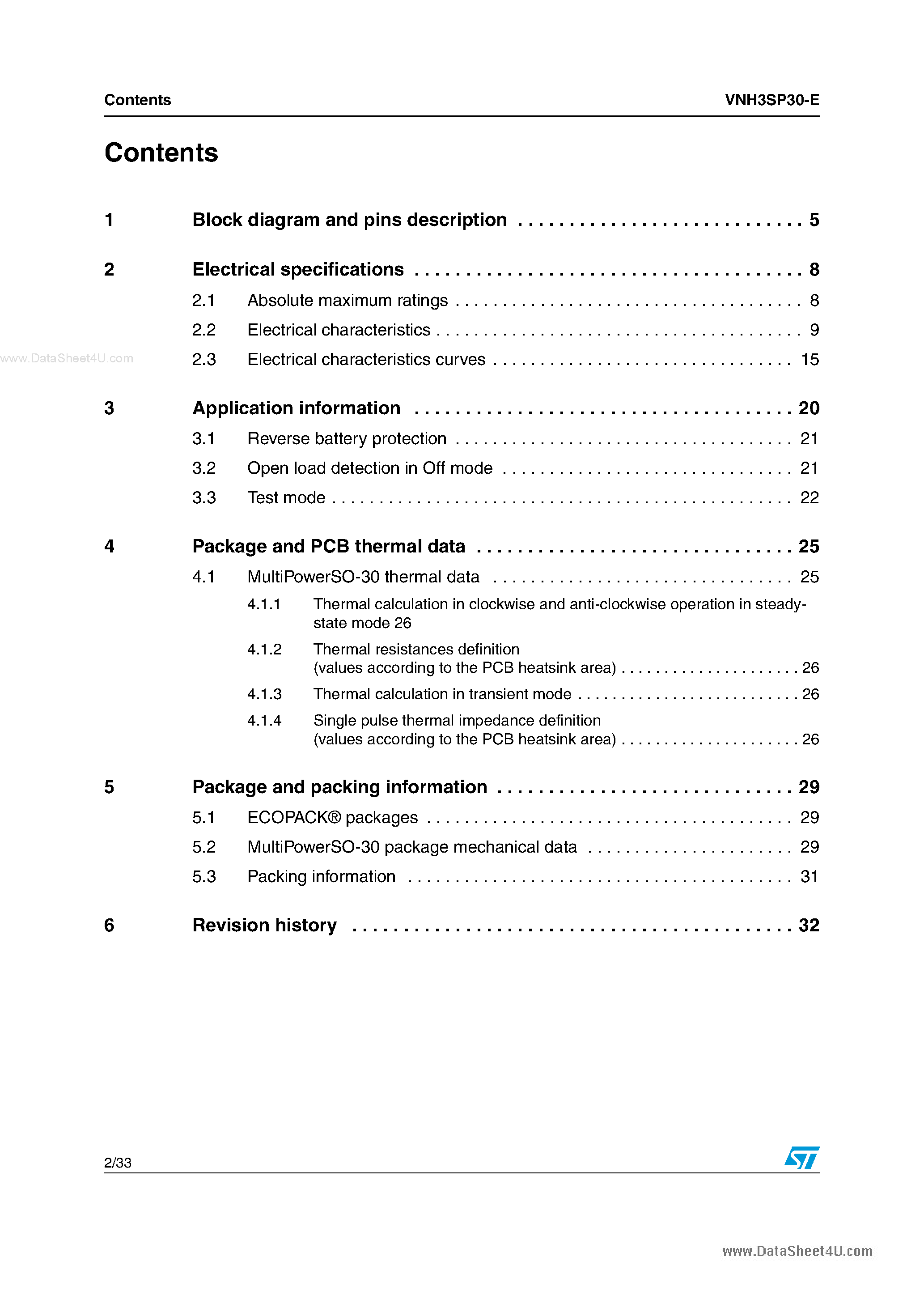 Datasheet VNH3SP30-E - AUTOMOTIVE FULLY INTEGRATED H-BRIDGE MOTOR DRIVER page 2