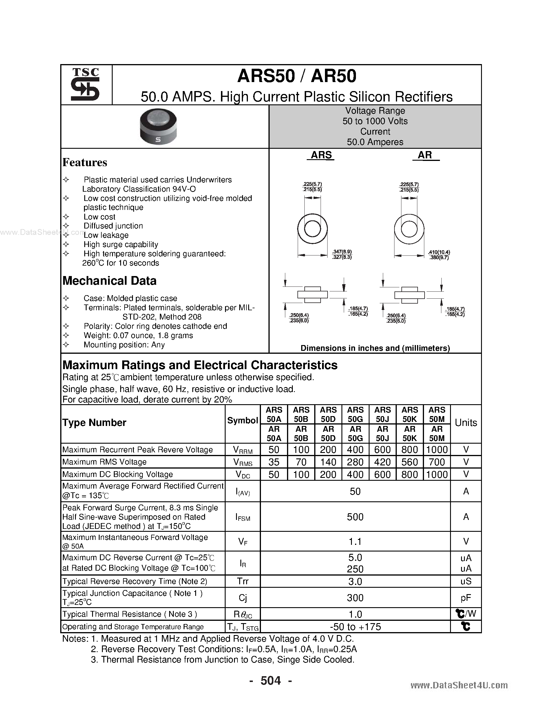 Datasheet ARS50 page 1 Datasheet ARS50 - High Current Plastic Silicon Rectifiers page 1