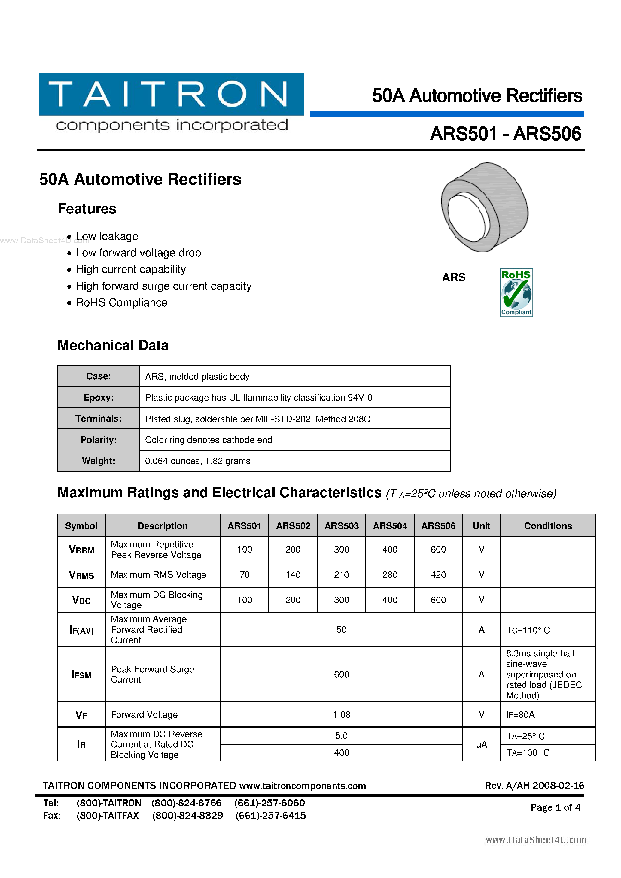 Datasheet ARS501 page 1 Datasheet ARS501 - (ARS501 - ARS506) 50A Automotive Rectifiers page 1