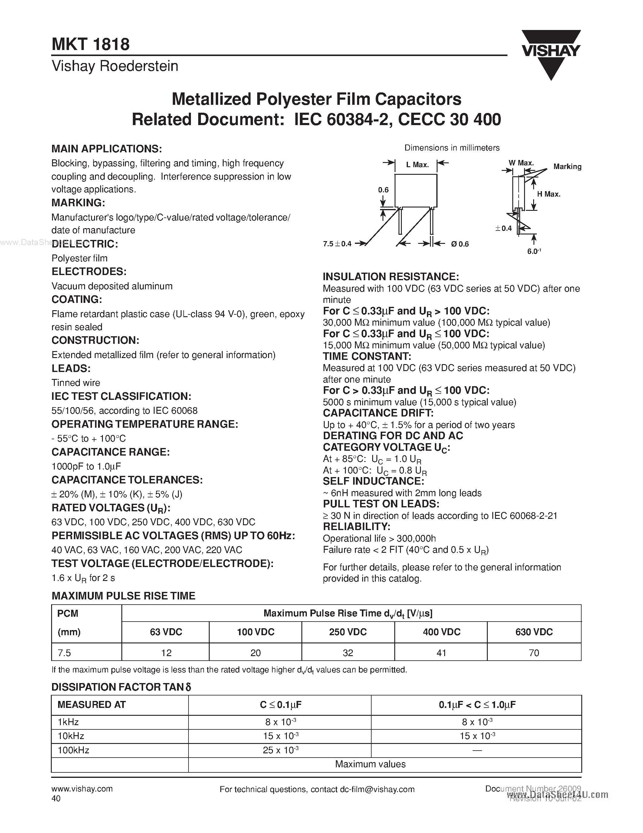 Datasheet MKT1818 - Metallized Polyester Film Capacitors page 1