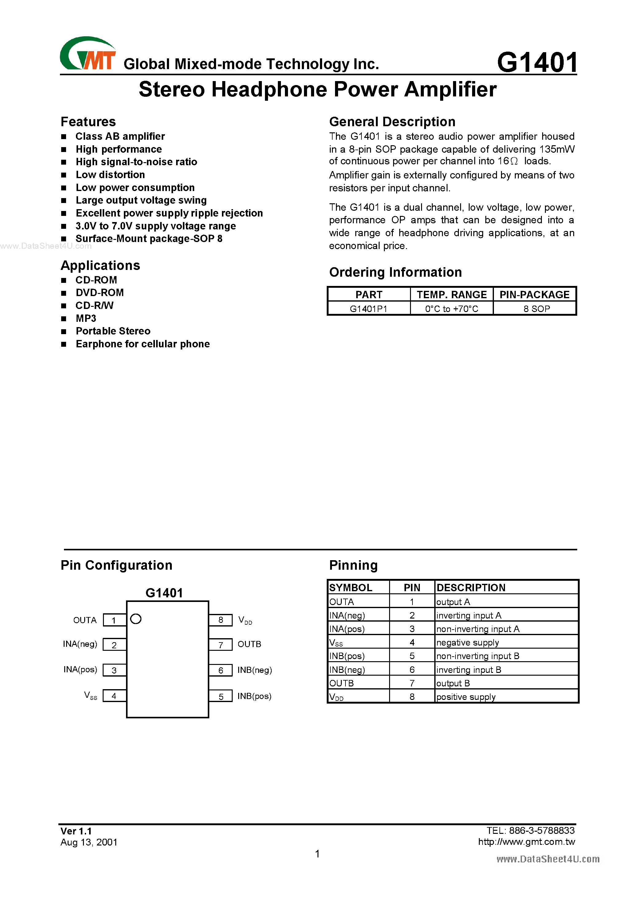 Даташит G1401 - Stereo Headphone Power Amplifier страница 1