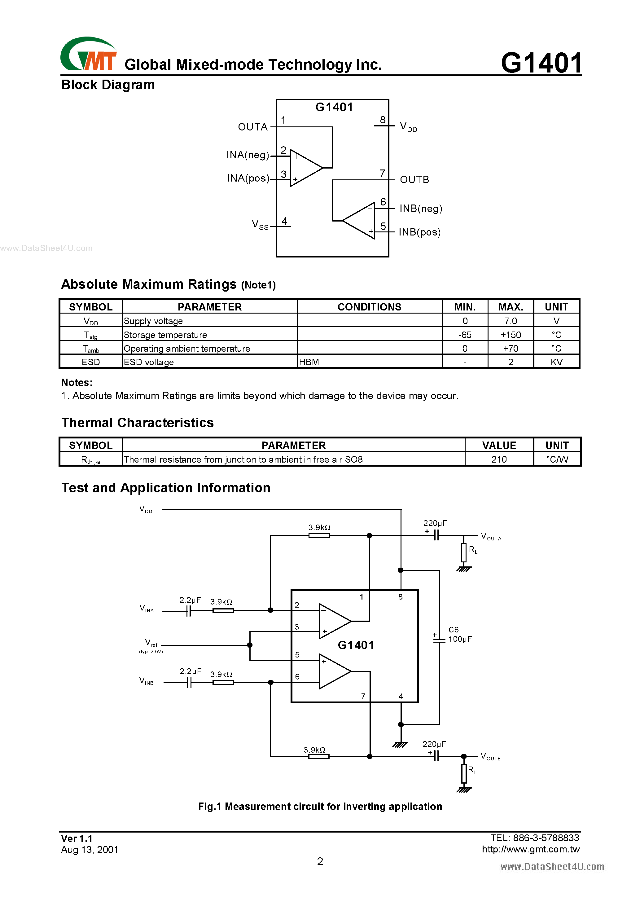 Даташит G1401 - Stereo Headphone Power Amplifier страница 2
