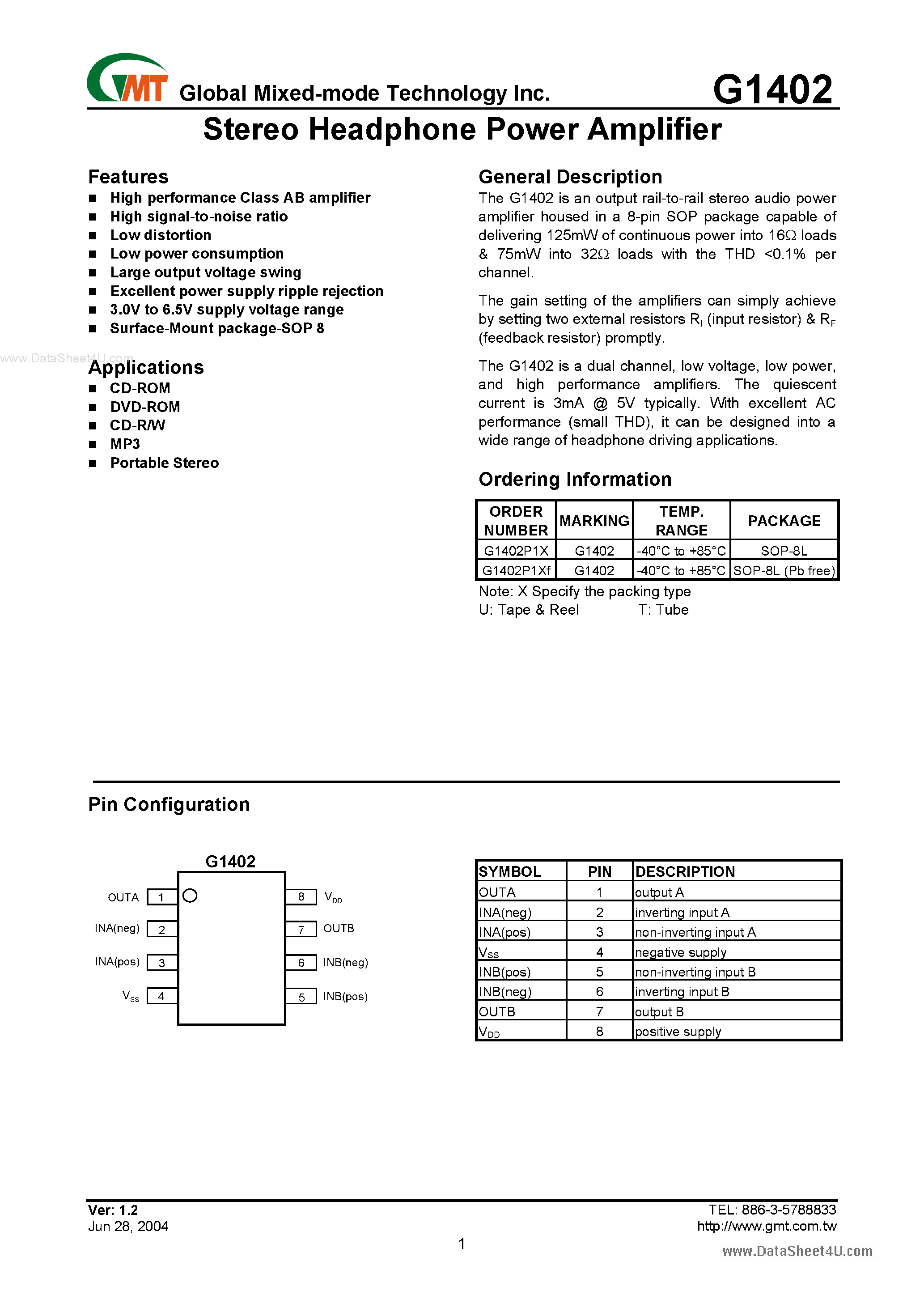 Даташит G1402 - Stereo Headphone Power Amplifier страница 1