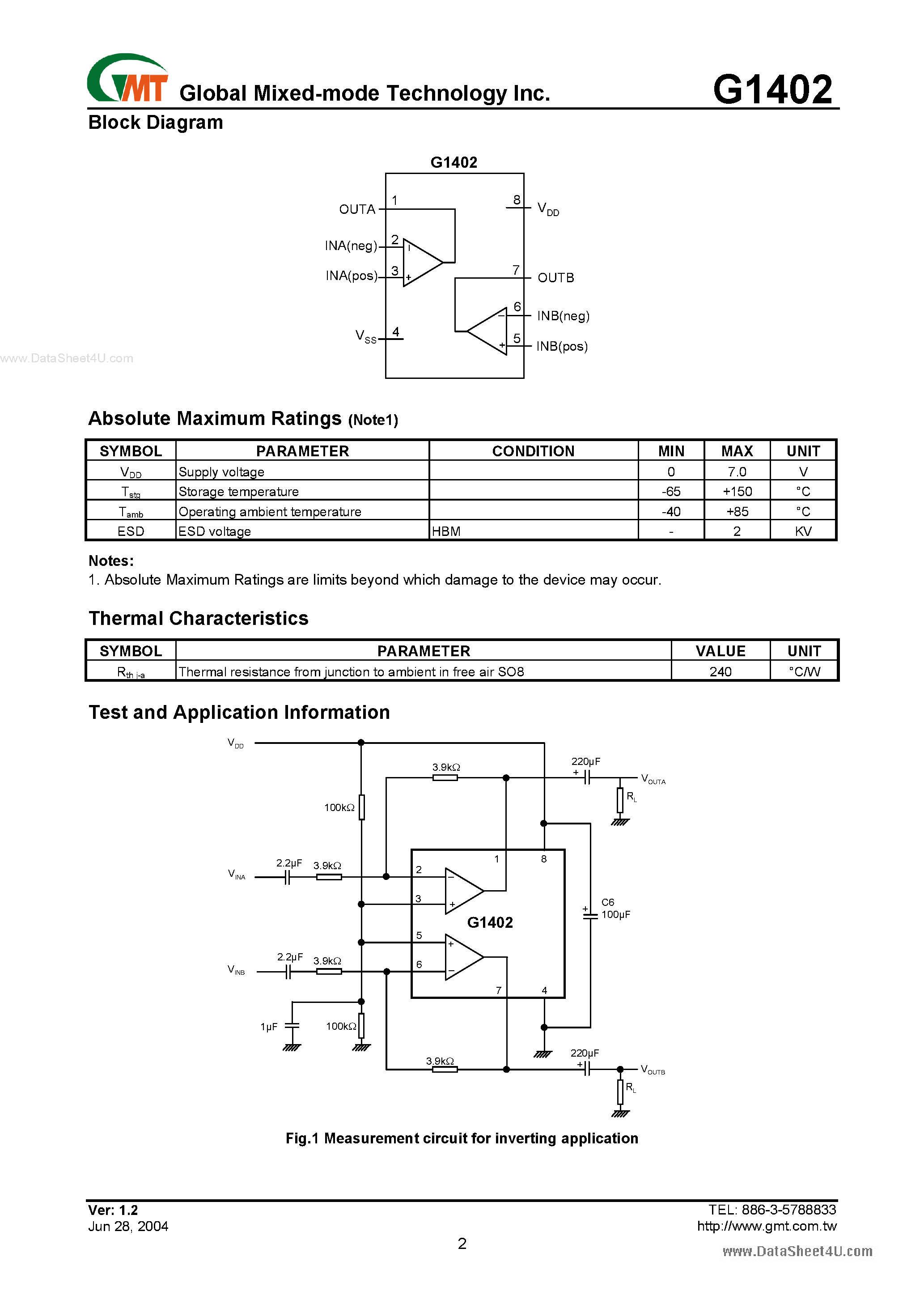 Даташит G1402 - Stereo Headphone Power Amplifier страница 2