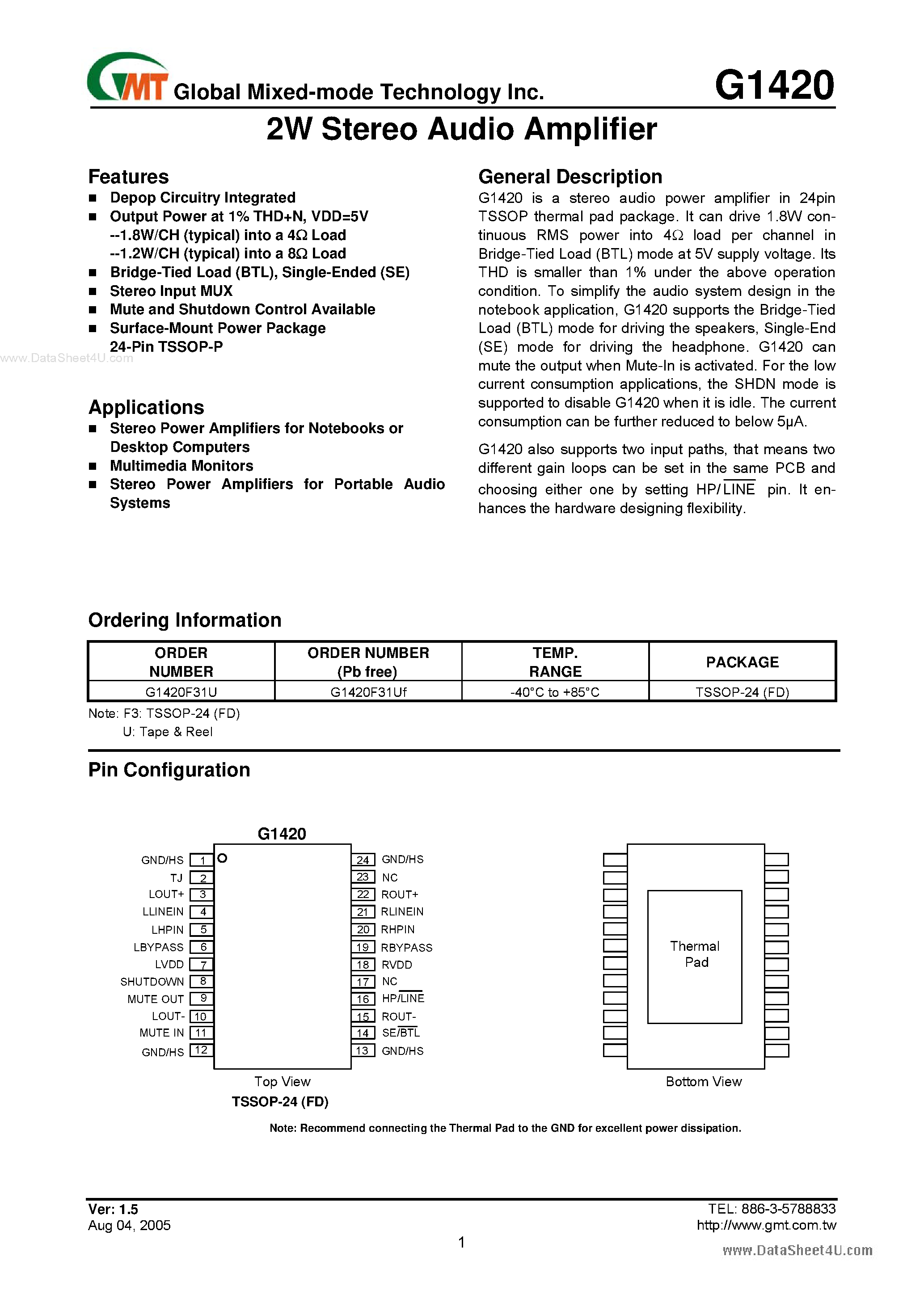 Даташит G1420 - 2W Stereo Audio Amplifier страница 1