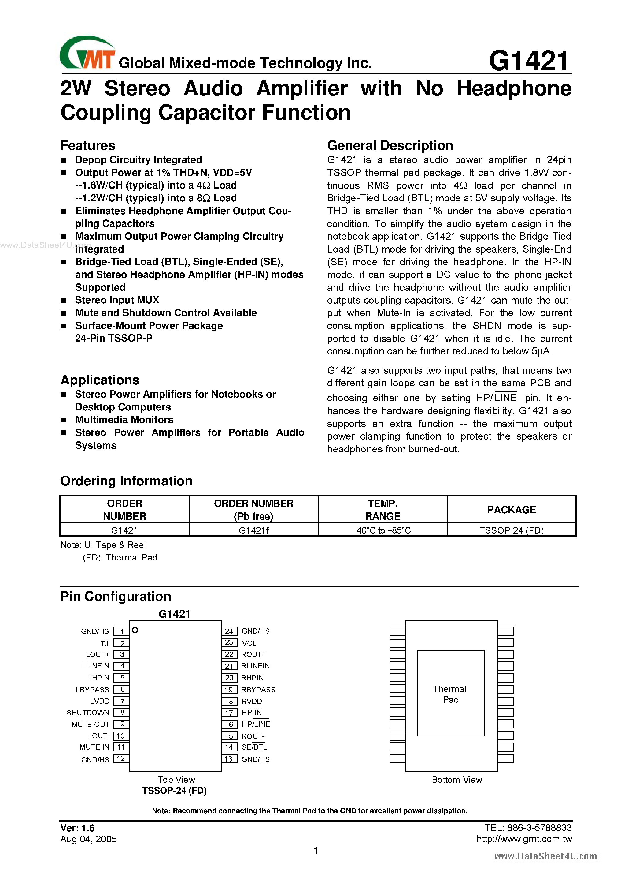 Даташит G1421 - 2W Stereo Audio Amplifier страница 1