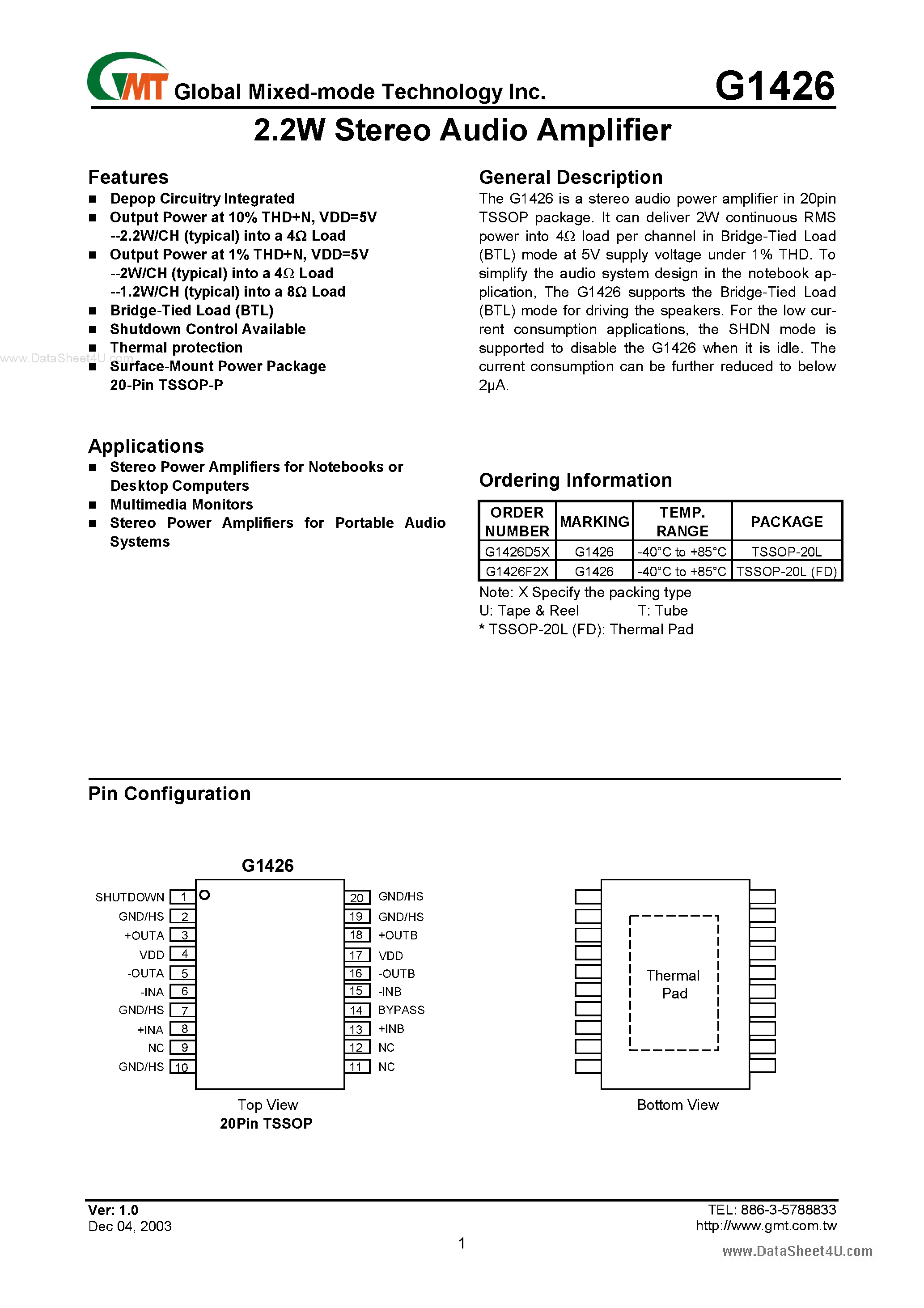 Даташит G1426 - 2.2W Stereo Audio Amplifier страница 1