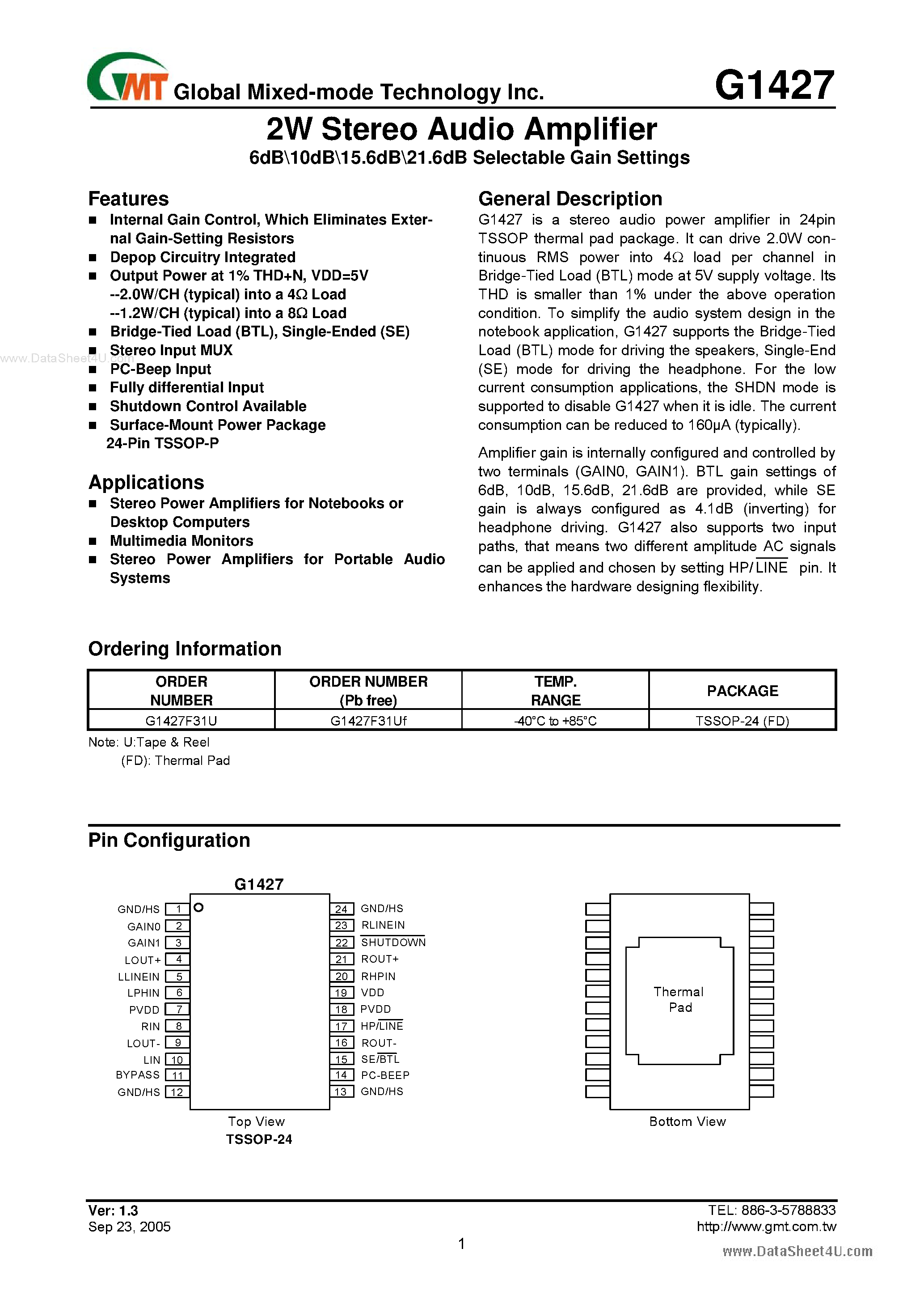 Даташит G1427 - 2W Stereo Audio Amplifier страница 1