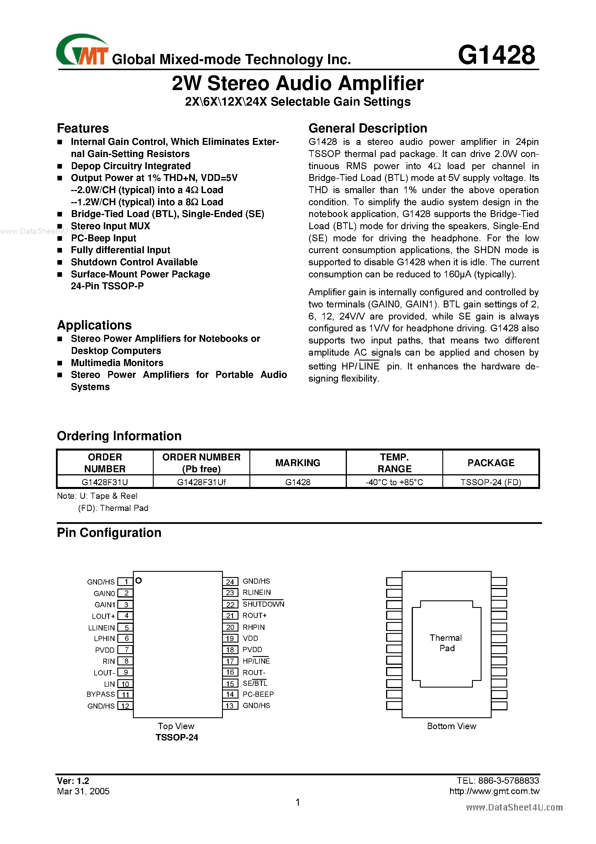 Даташит G1428 - 2W Stereo Audio Amplifier страница 1