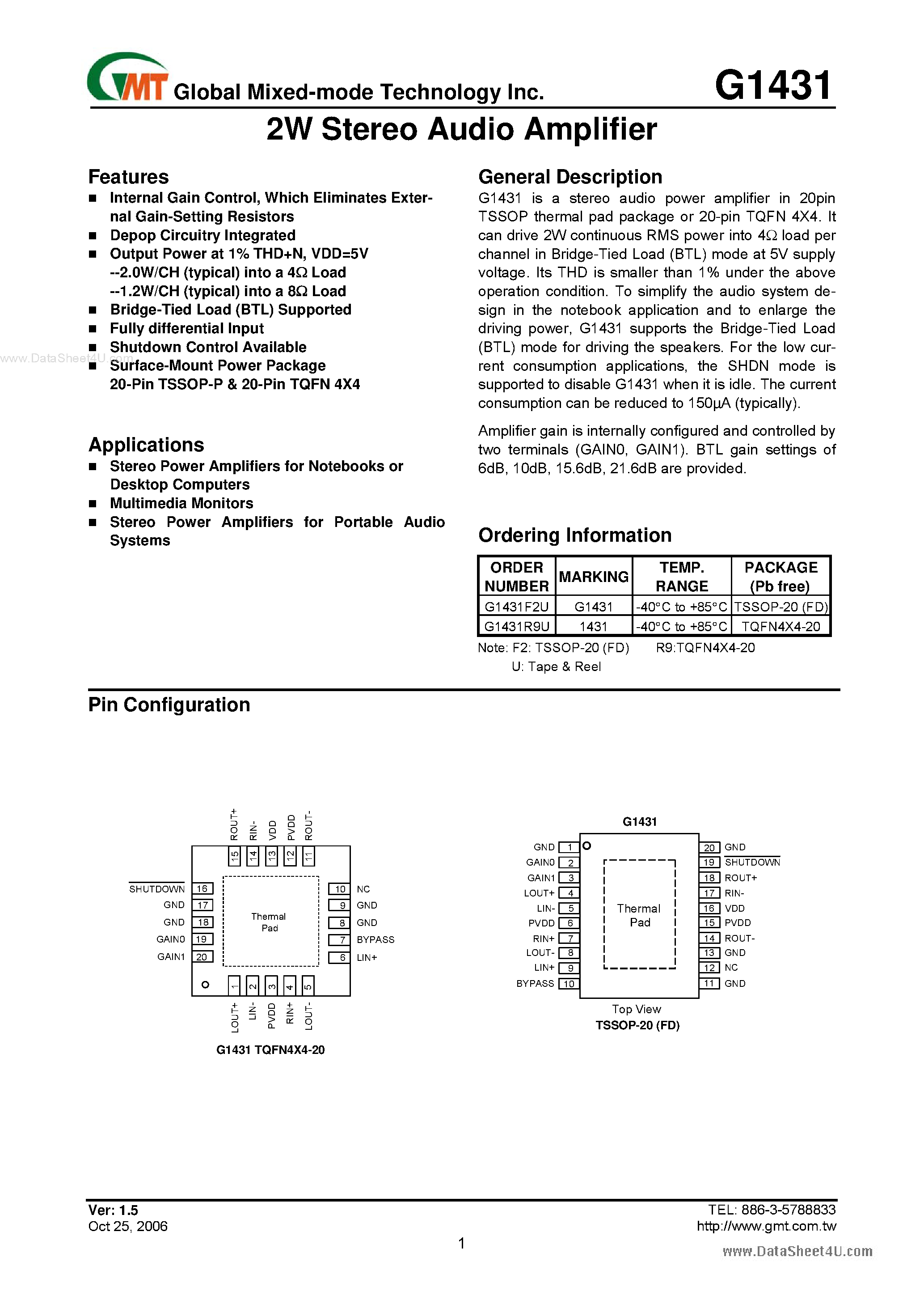 Даташит G1431 - 2W Stereo Audio Amplifier страница 1