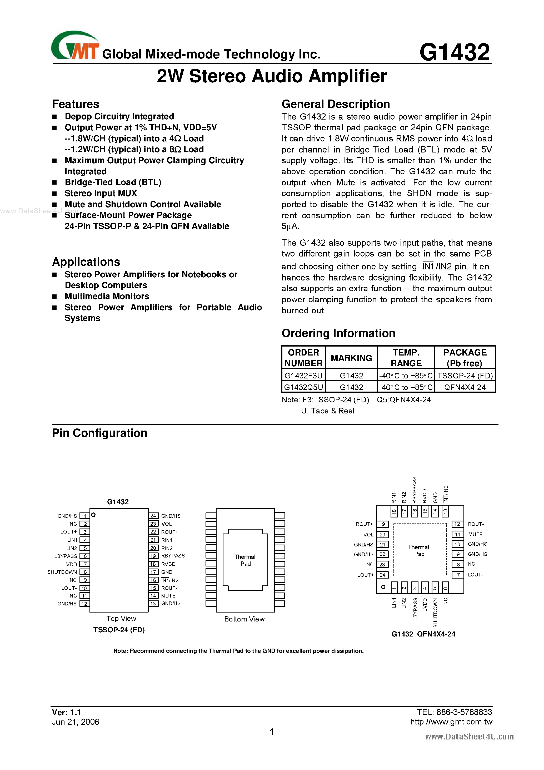 Даташит G1432 - 2W Stereo Audio Amplifier страница 1