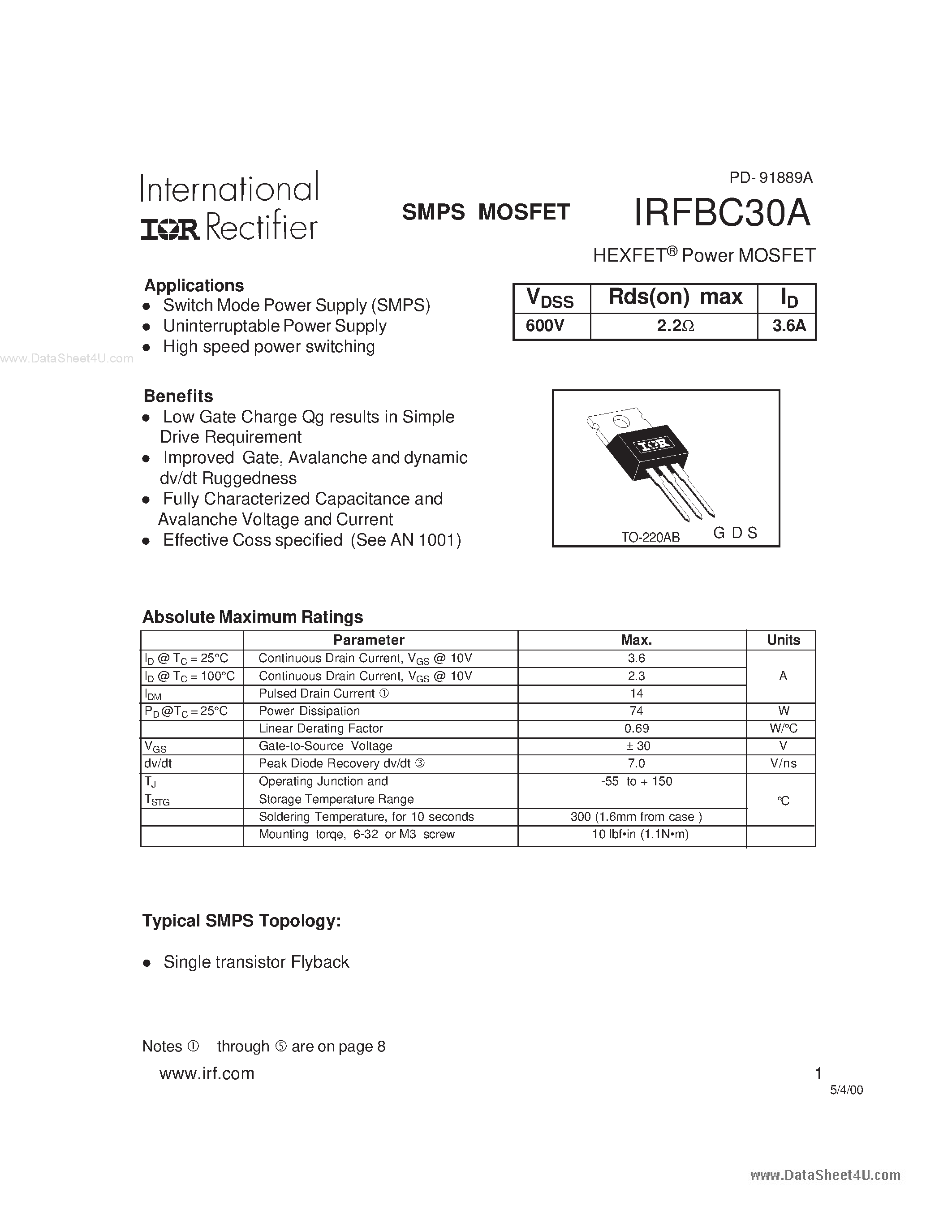 Datasheet FBC30A - Search -----> IRFBC30A page 1