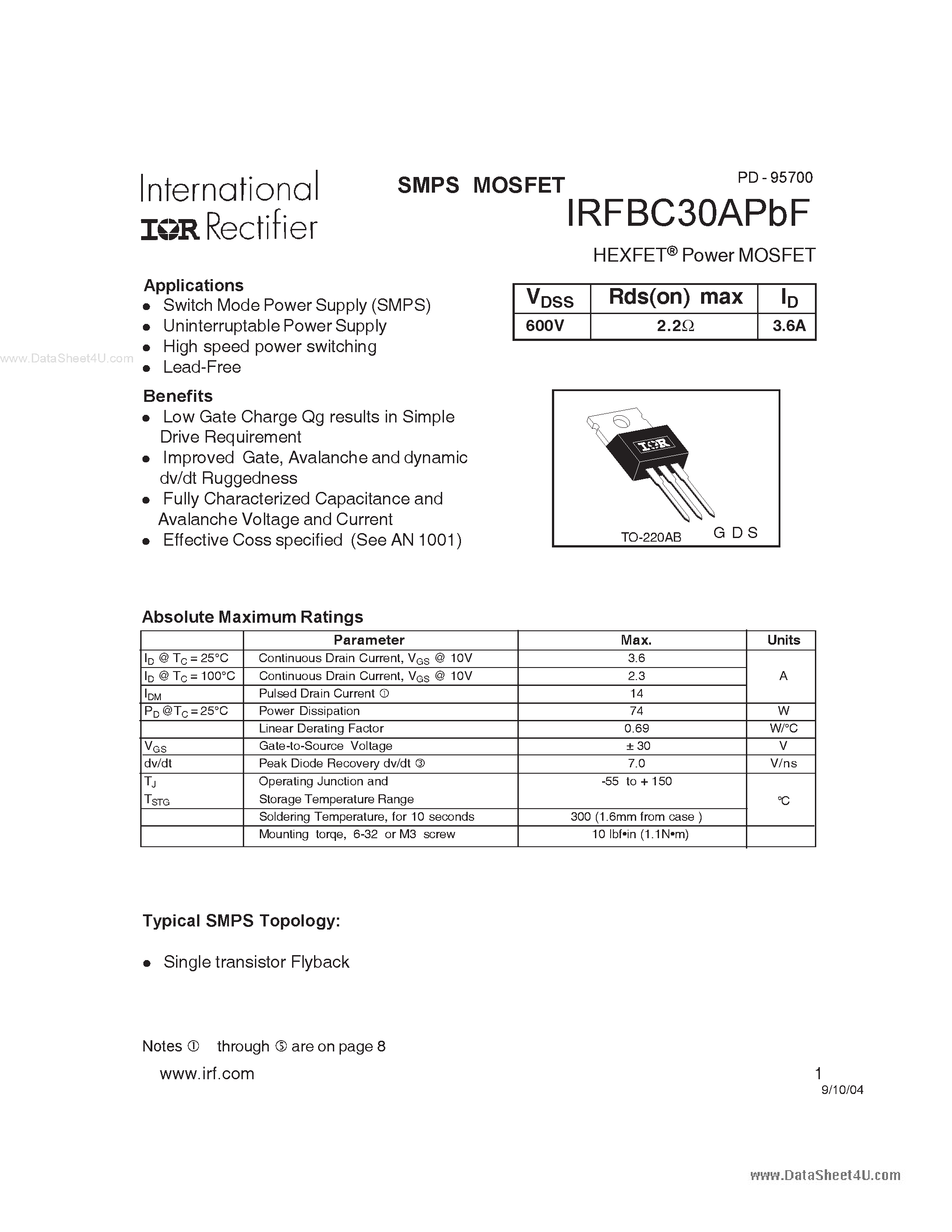 Datasheet IRFBC30APBF - Power MOSFET page 1