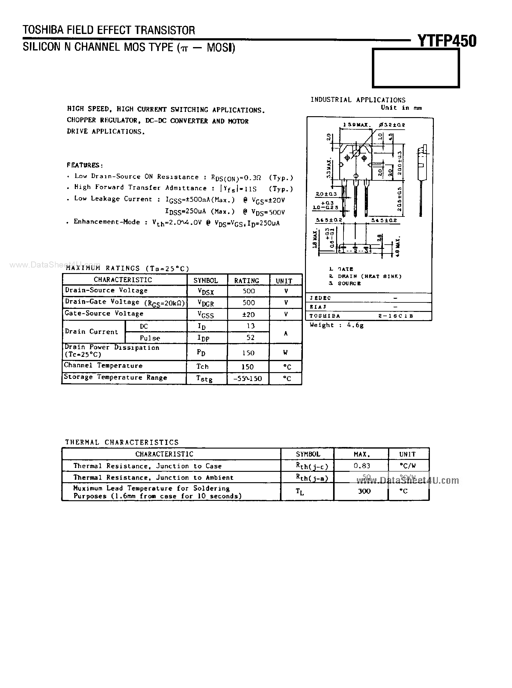Datasheet YTFP450 page 1 Datasheet YTFP450 - Silicon N-Channel MOS Type FET page 1