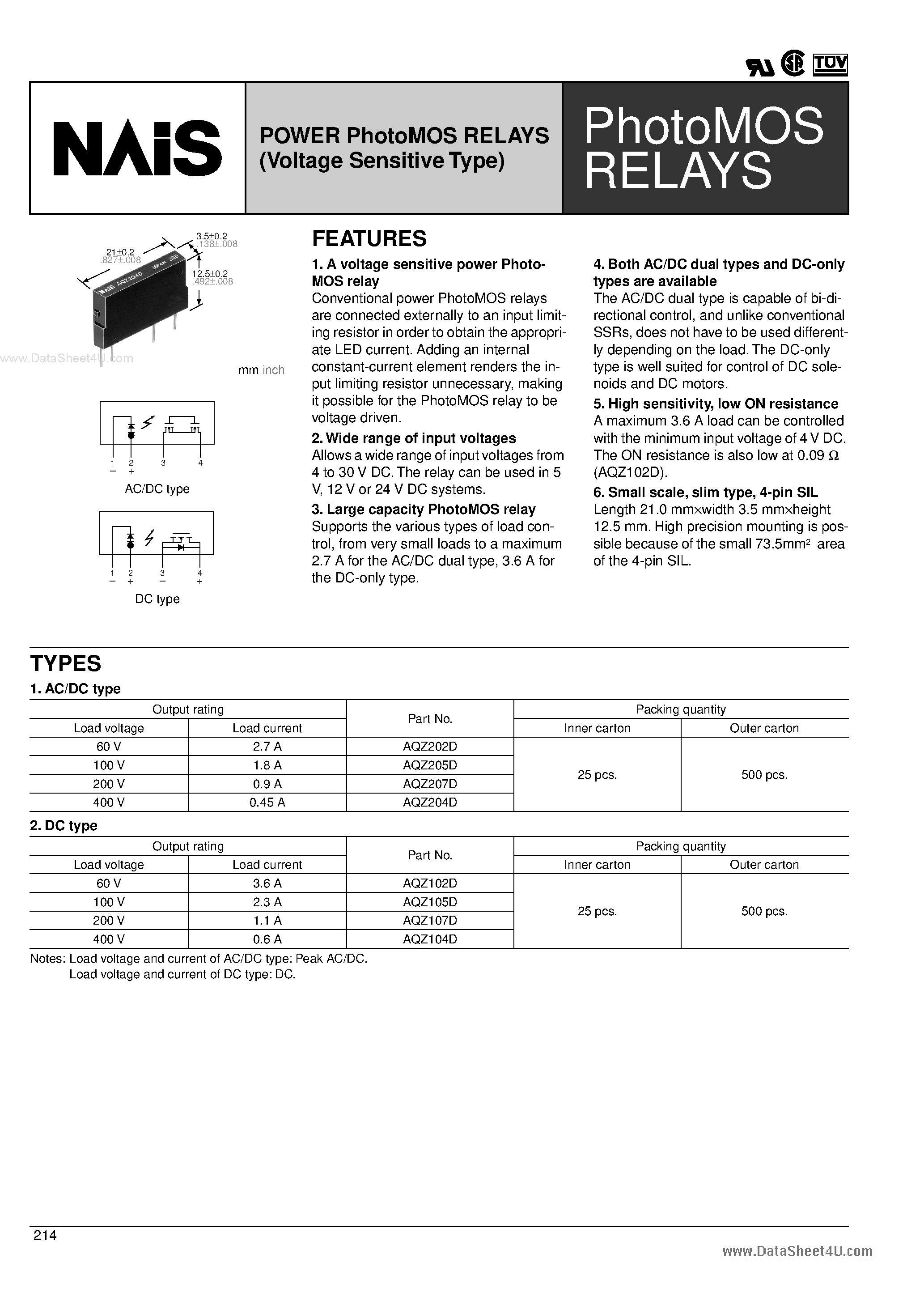 Datasheet AQZ102D - (AQZxxxD) POWER PhotoMOS RELAYS page 1