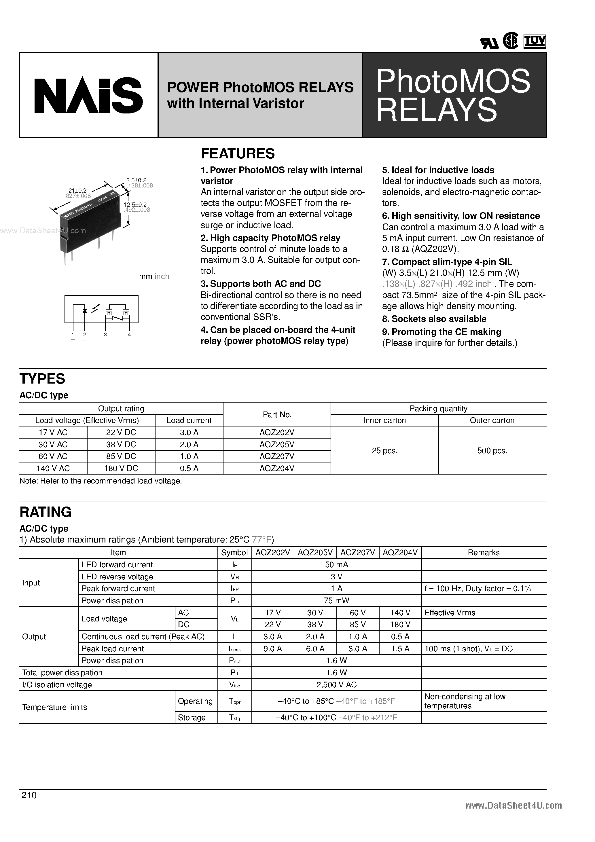 Datasheet AQZ202V - (AQZxxxV) POWER PhotoMOS RELAYS page 1