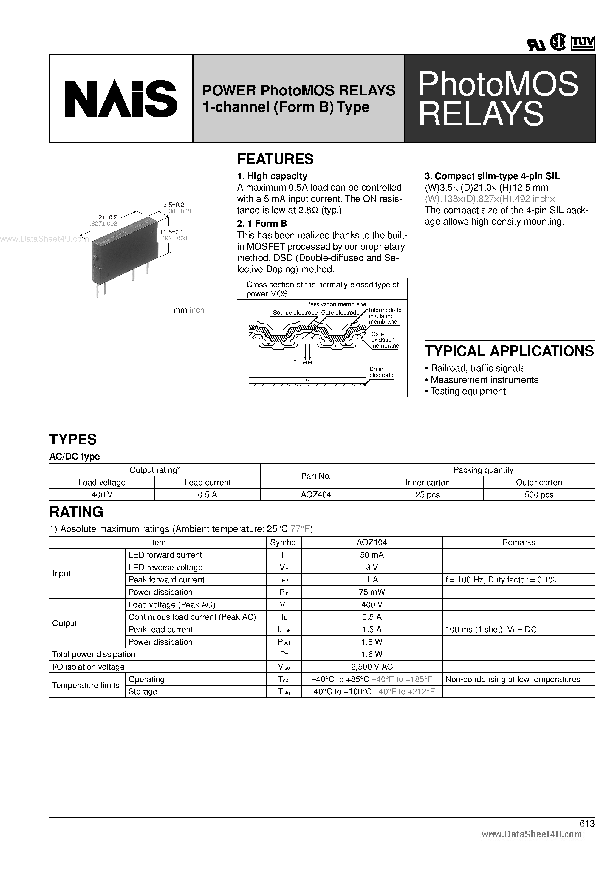 Datasheet AQZ404 - POWER PhotoMOS RELAYS page 1