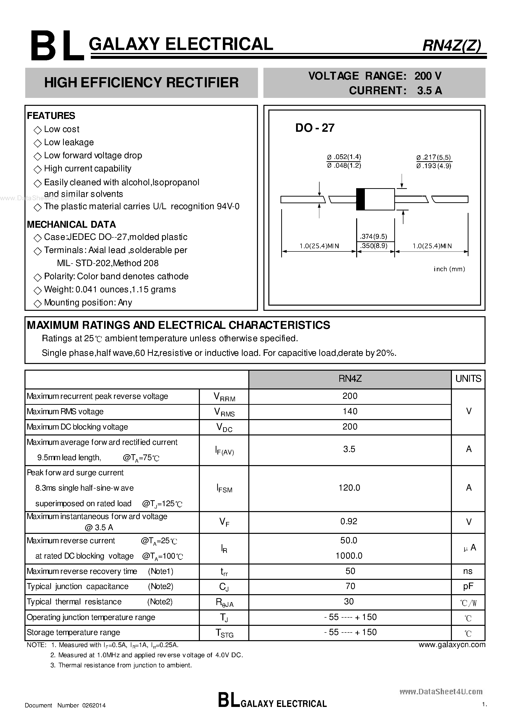 Даташит на микросхему RN4Z страница 1 Даташит RN4Z - HIGH EFFICIENCY RECTIFIER страница 1