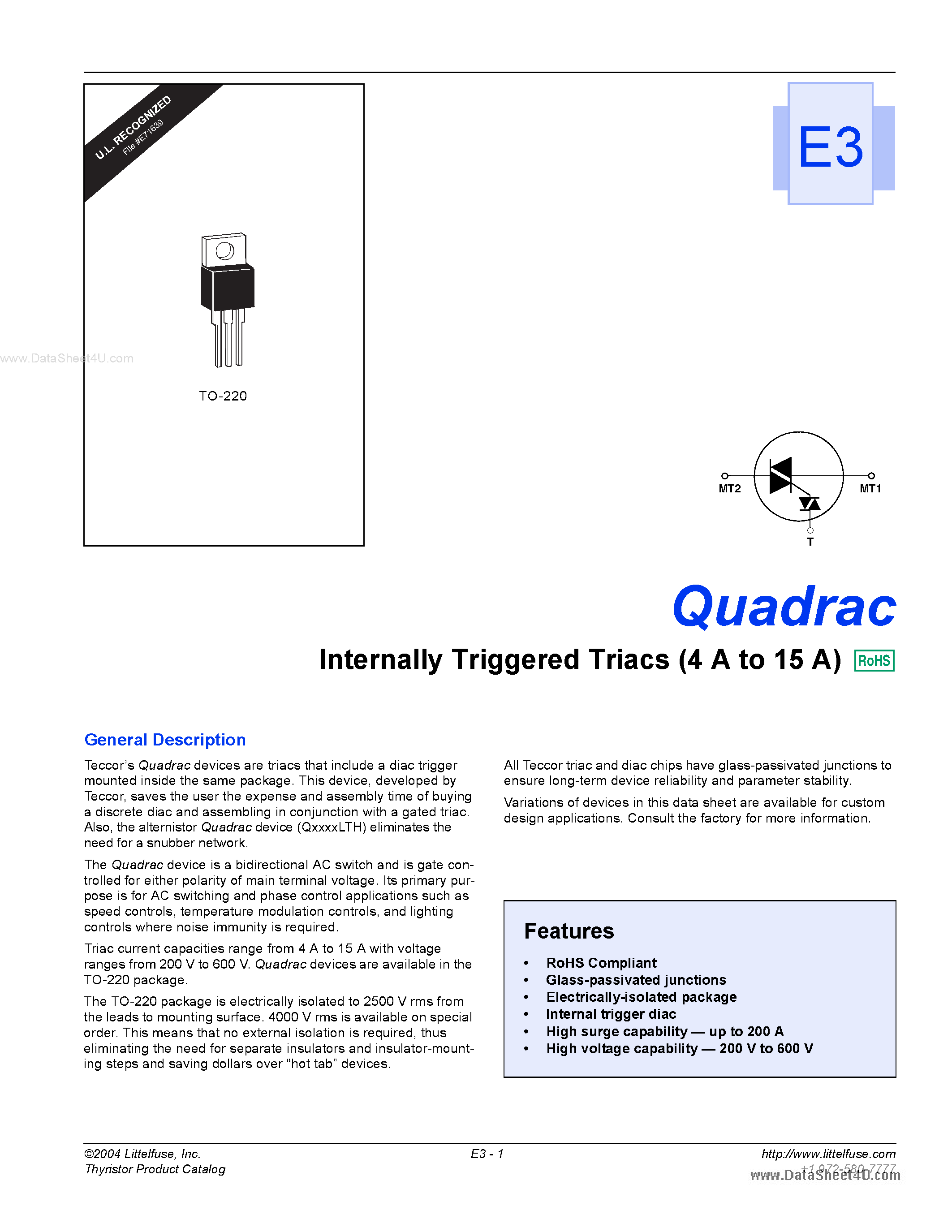 Datasheet Q4004LT page 1 Datasheet Q4004LT - Internally Triggered Triacs page 1
