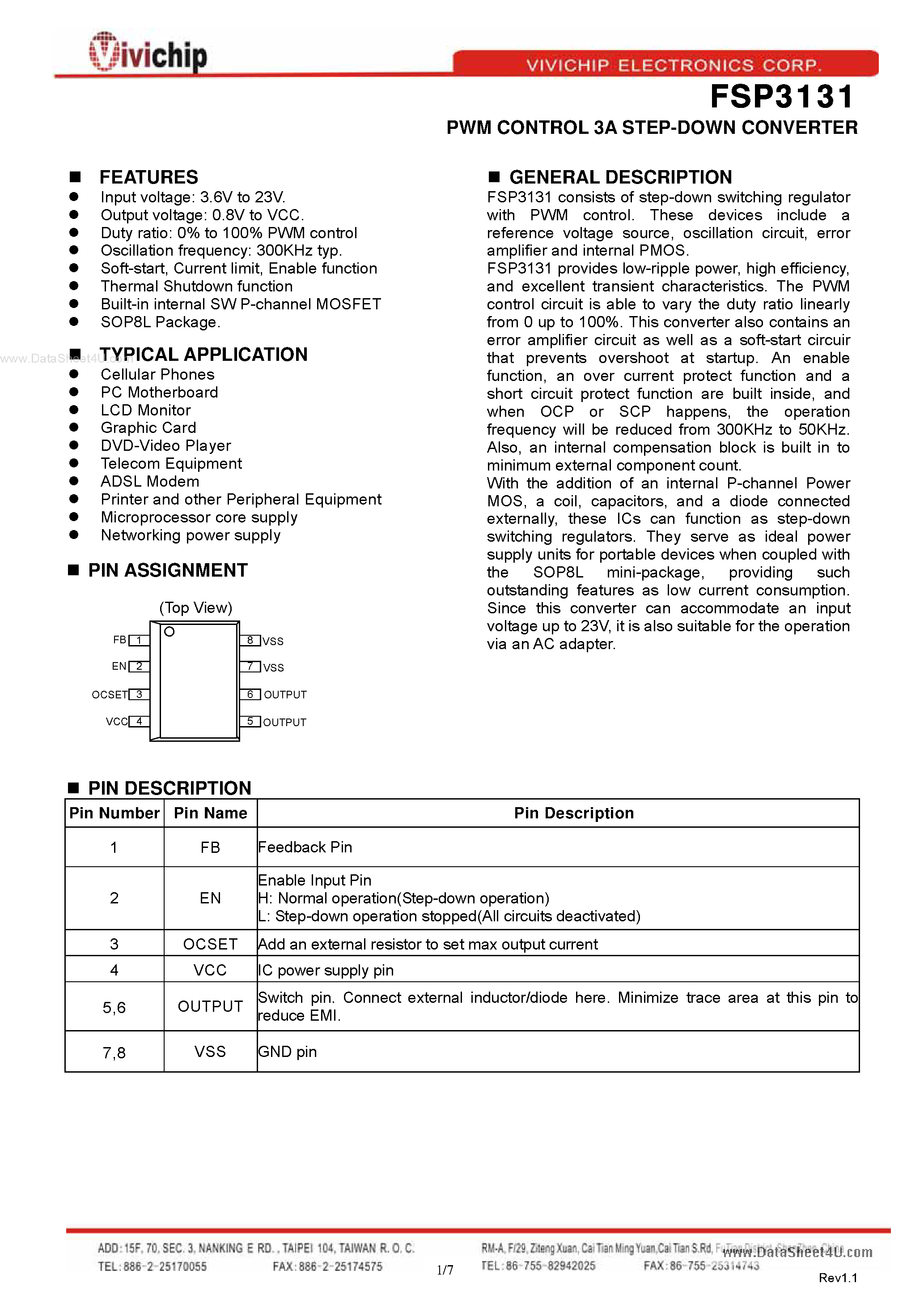 Даташит FSP3131 - PWM Controller 3A Step-Down Converter страница 1