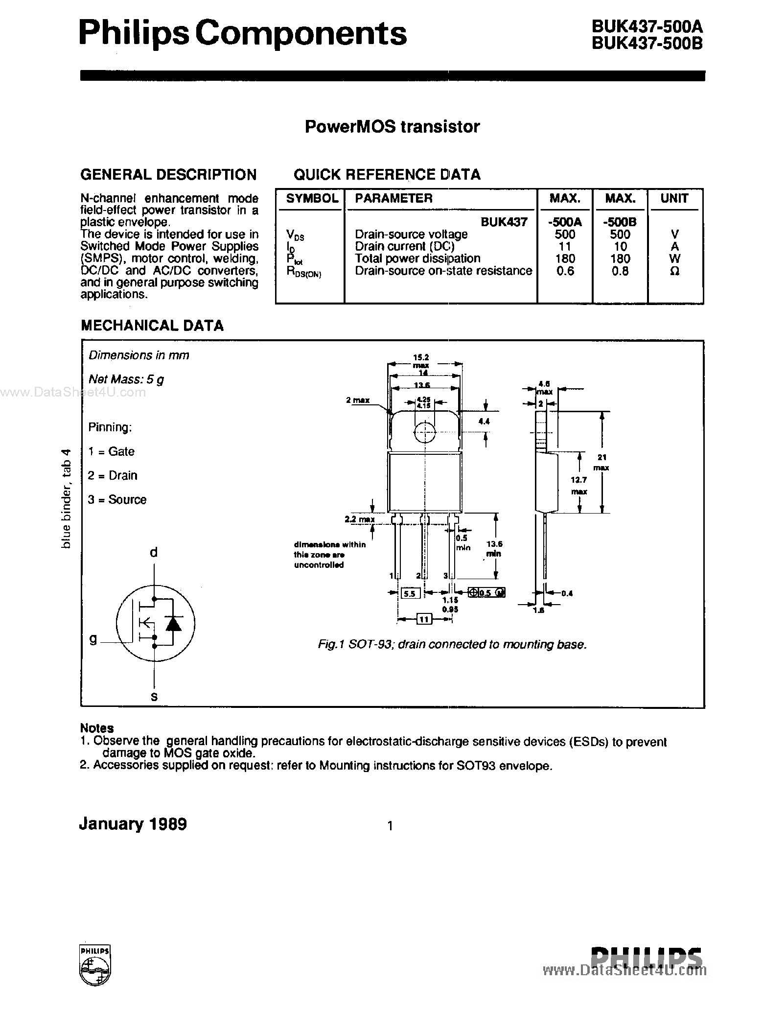 Datasheet BUK437-500A page 1 Datasheet BUK437-500A - (BUK437-500A/B) Power MOS Transistor page 1