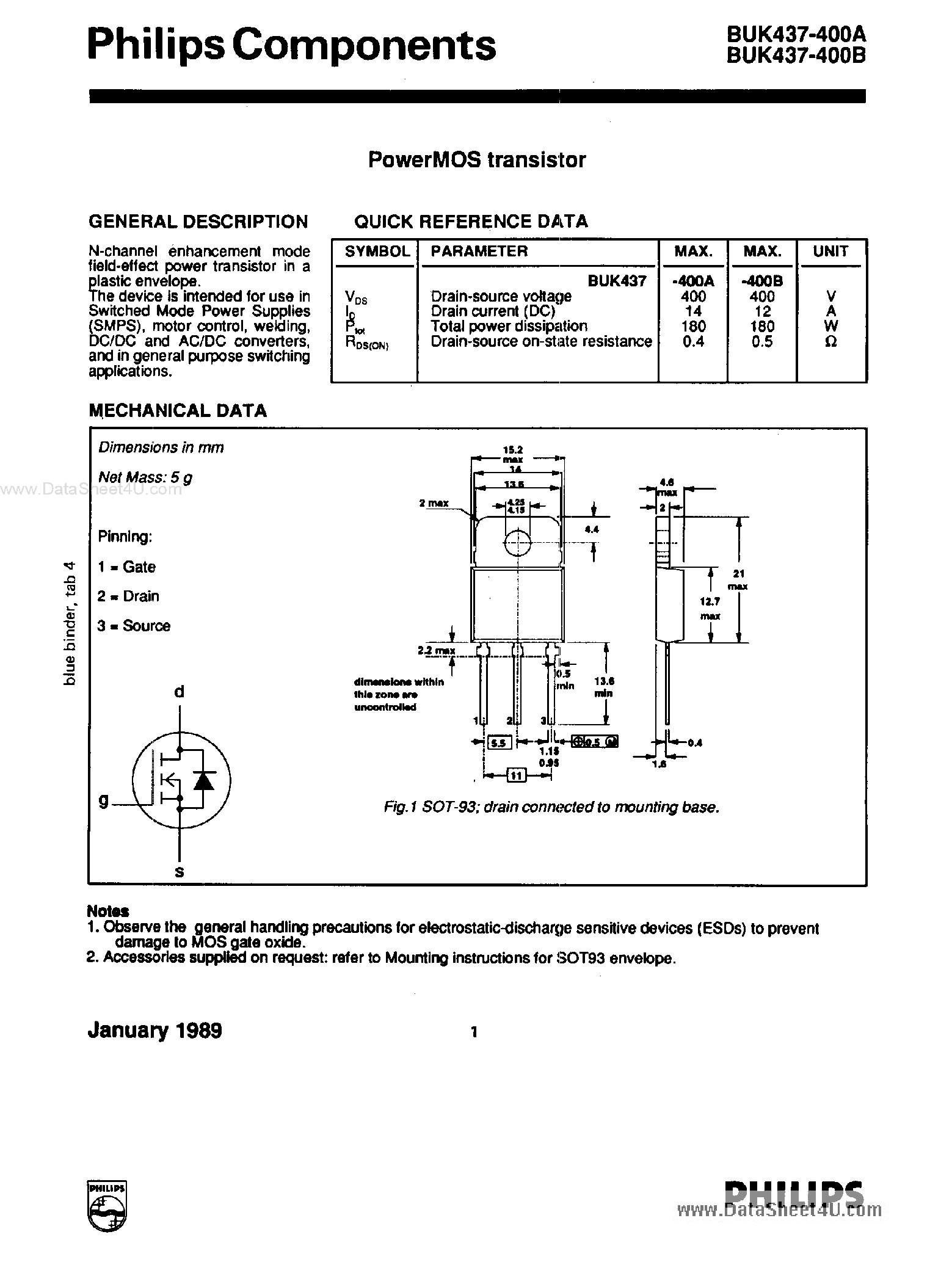 Datasheet BUK437-400A page 1 Datasheet BUK437-400A - (BUK437-400A/B) Power MOS Transistor page 1