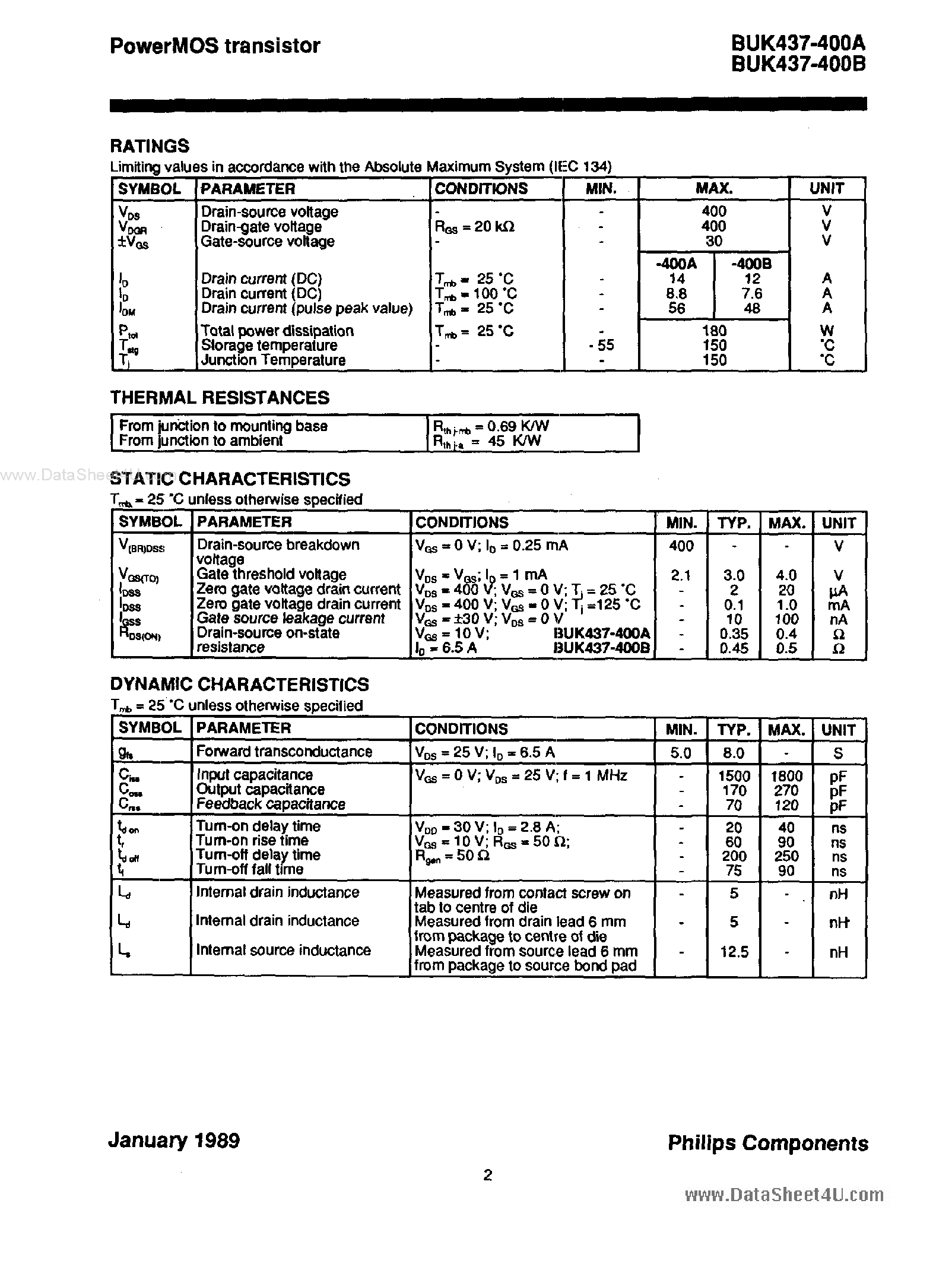 Datasheet BUK437-400A page 2 Datasheet BUK437-400A - (BUK437-400A/B) Power MOS Transistor page 2