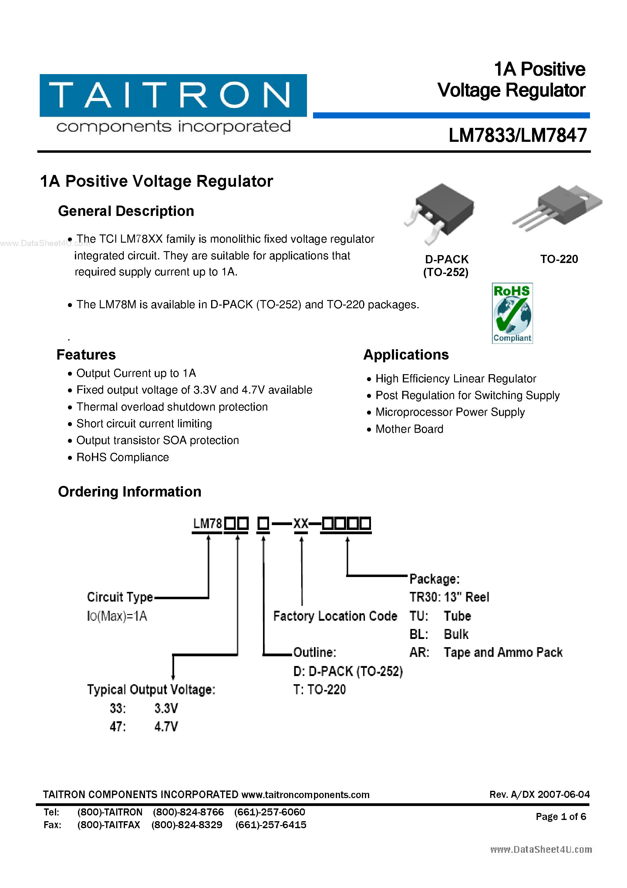 Даташит на микросхему LM7833 страница 1 Даташит LM7833 - (LM7833 / LM7847) 1A Positive Voltage Regulator страница 1