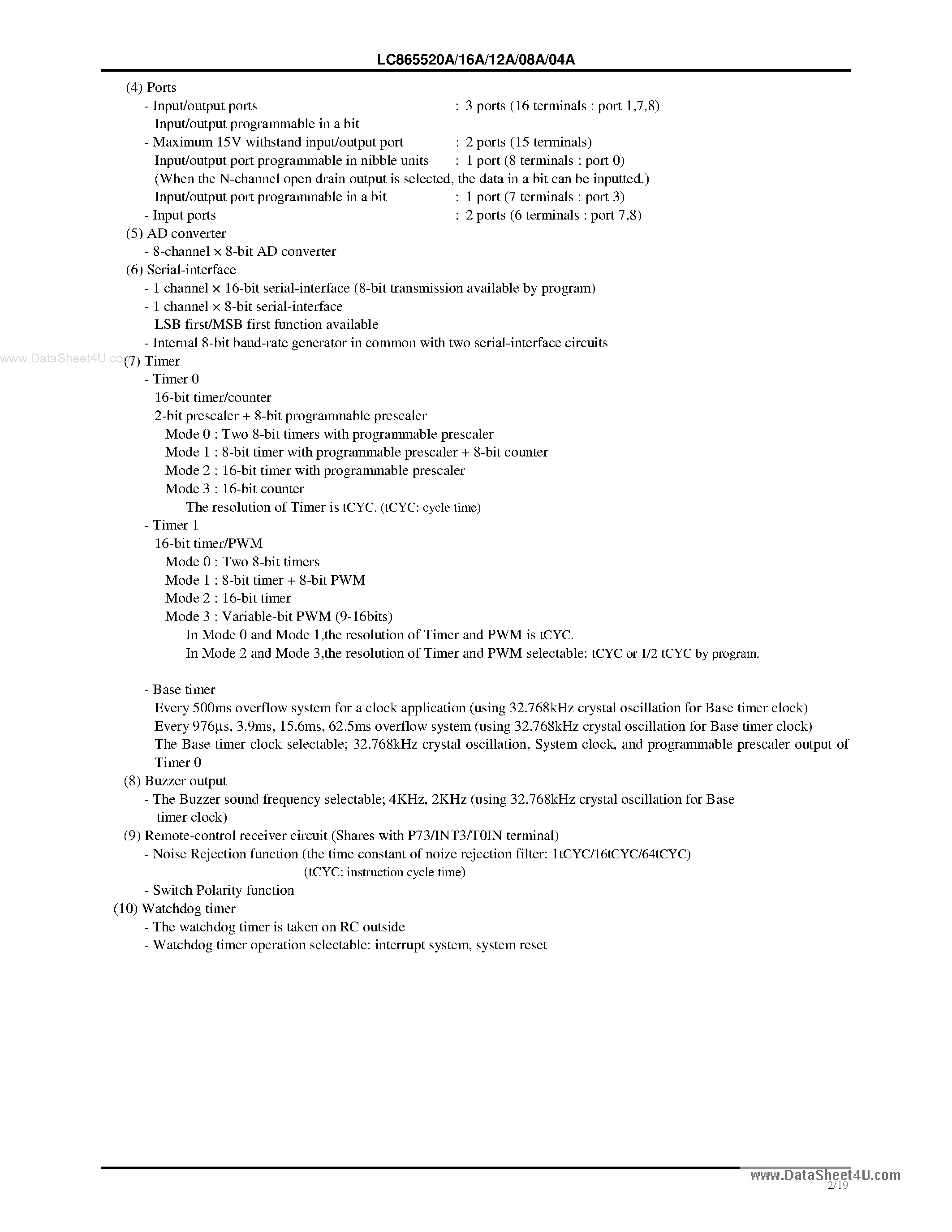 Datasheet LC865504A - (LC8655xxA) 8-Bit Single Chip Microcontroller page 2