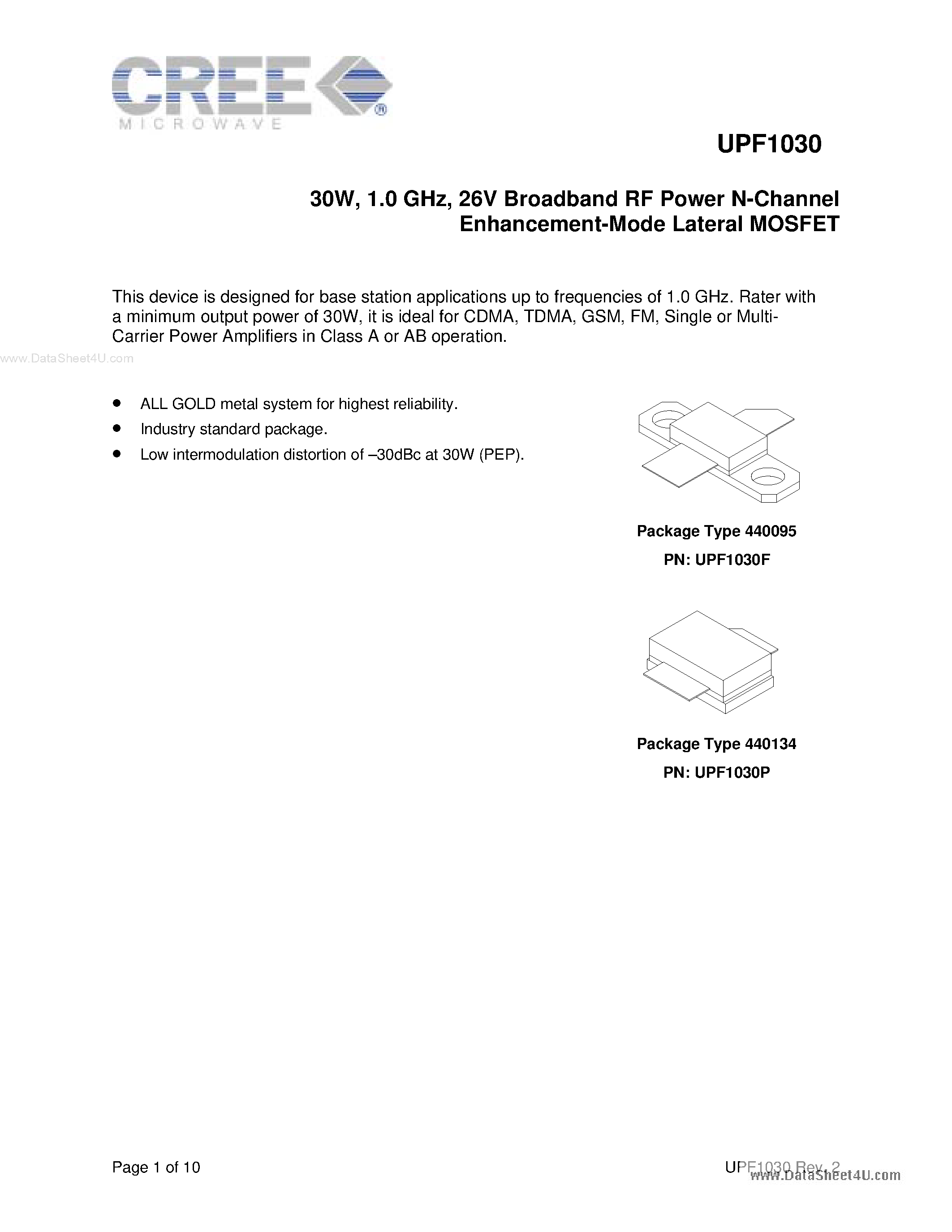 Datasheet UPF1030 page 1 Datasheet UPF1030 - Broadband RF Power N-Channel Enhancement-Mode Lateral DMOS page 1