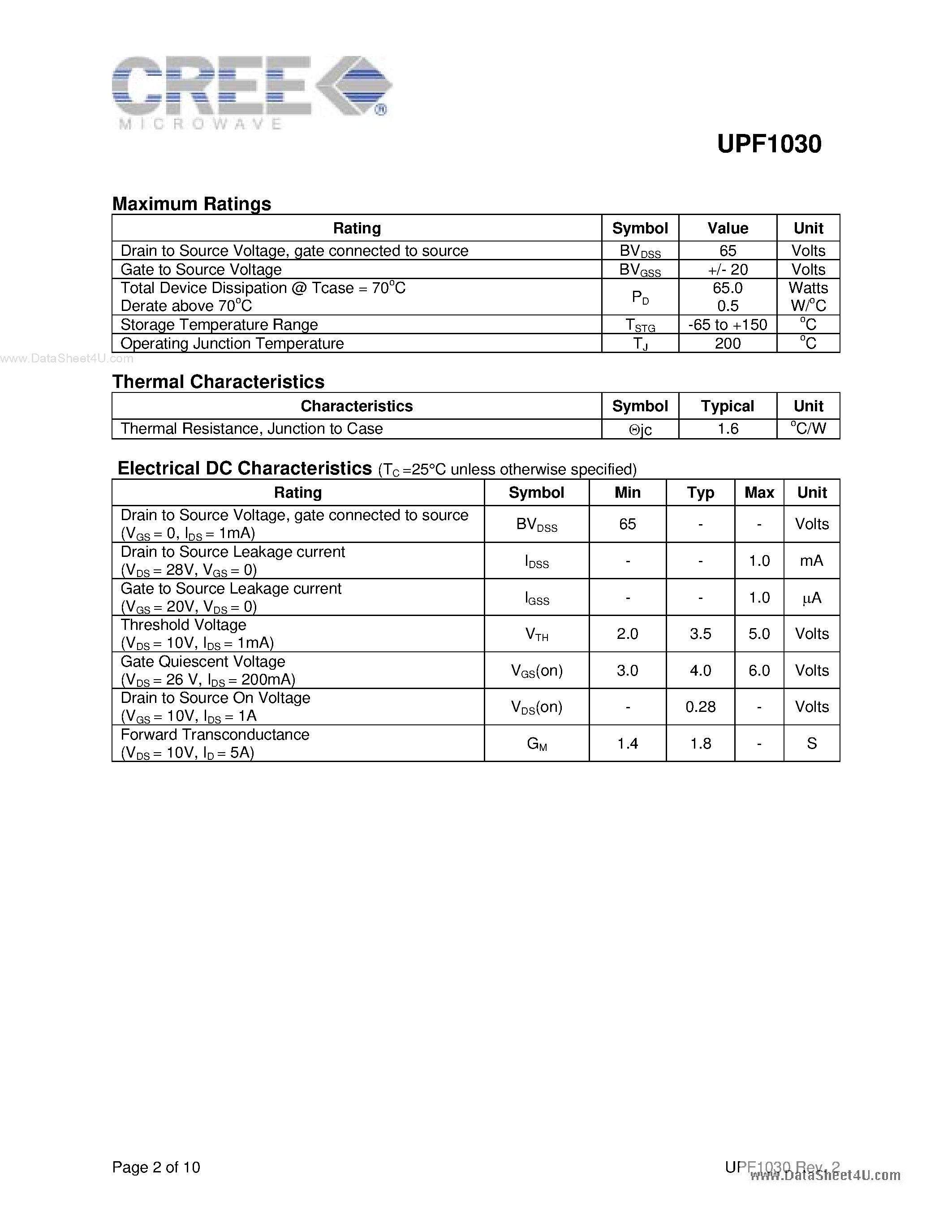 Datasheet UPF1030 page 2 Datasheet UPF1030 - Broadband RF Power N-Channel Enhancement-Mode Lateral DMOS page 2