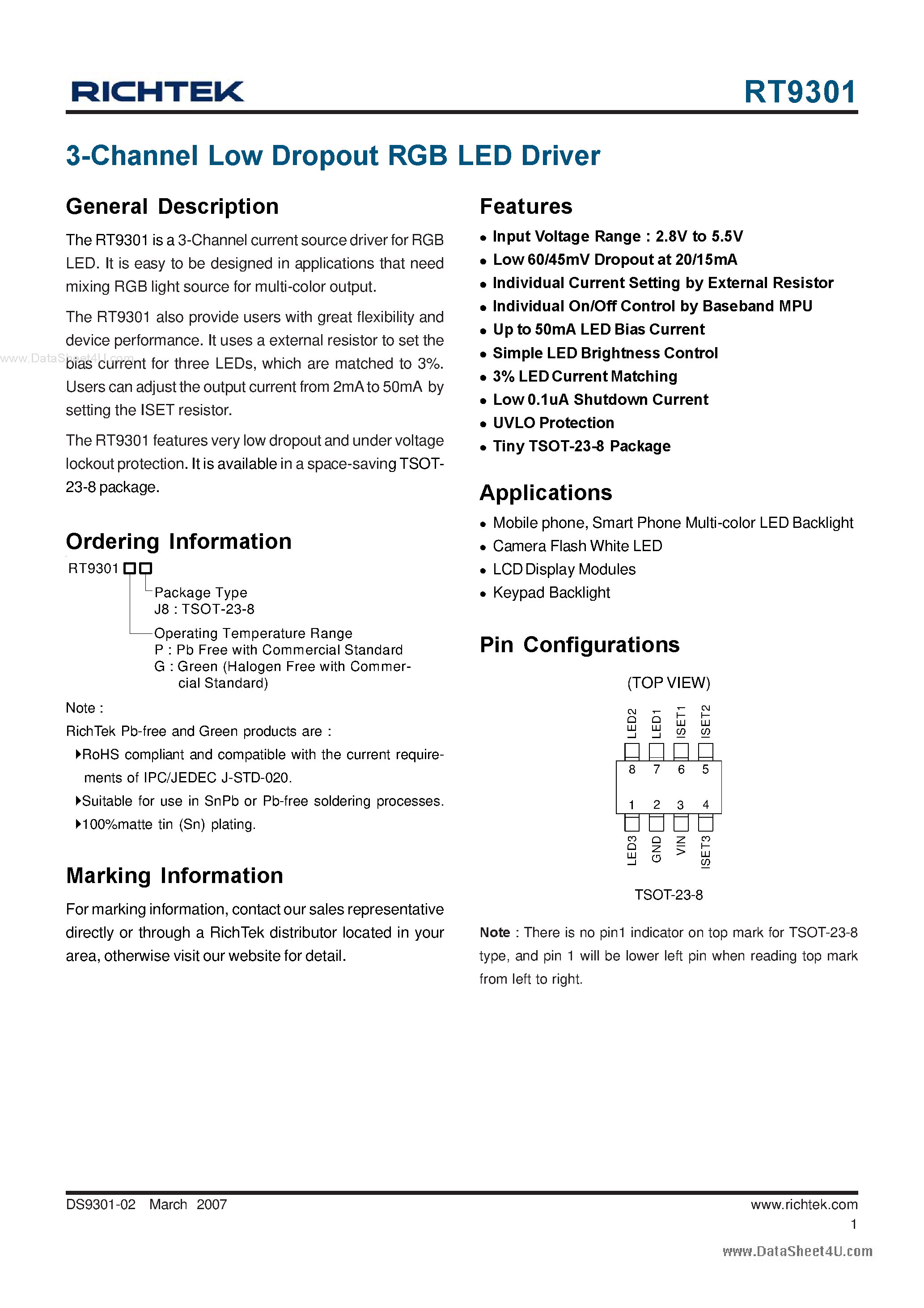 Datasheet RT9301 page 1 Datasheet RT9301 - 3-Channel Low Dropout RGB LED Driver page 1