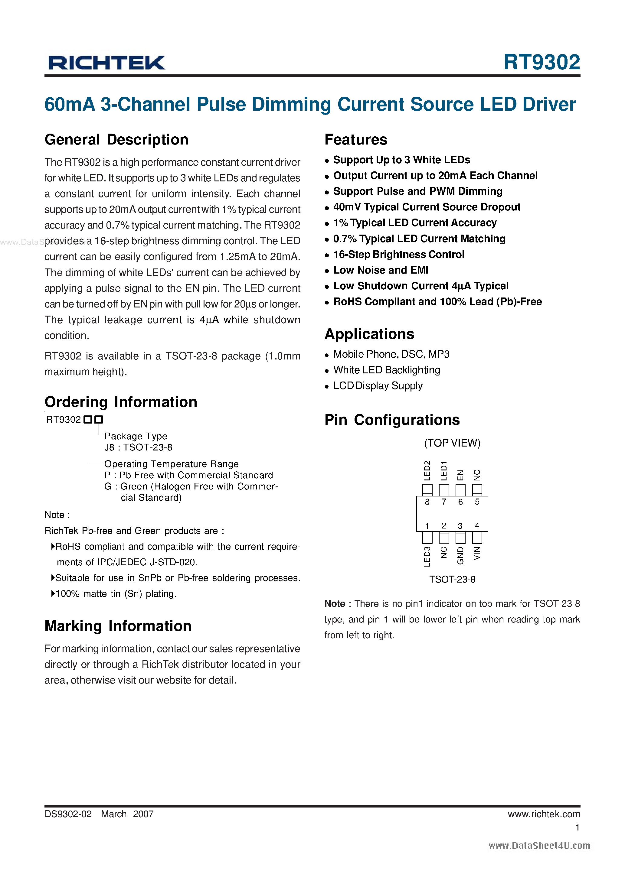 Datasheet RT9302 - 60mA 3-Channel Pulse Dimming Current Source LED Driver page 1