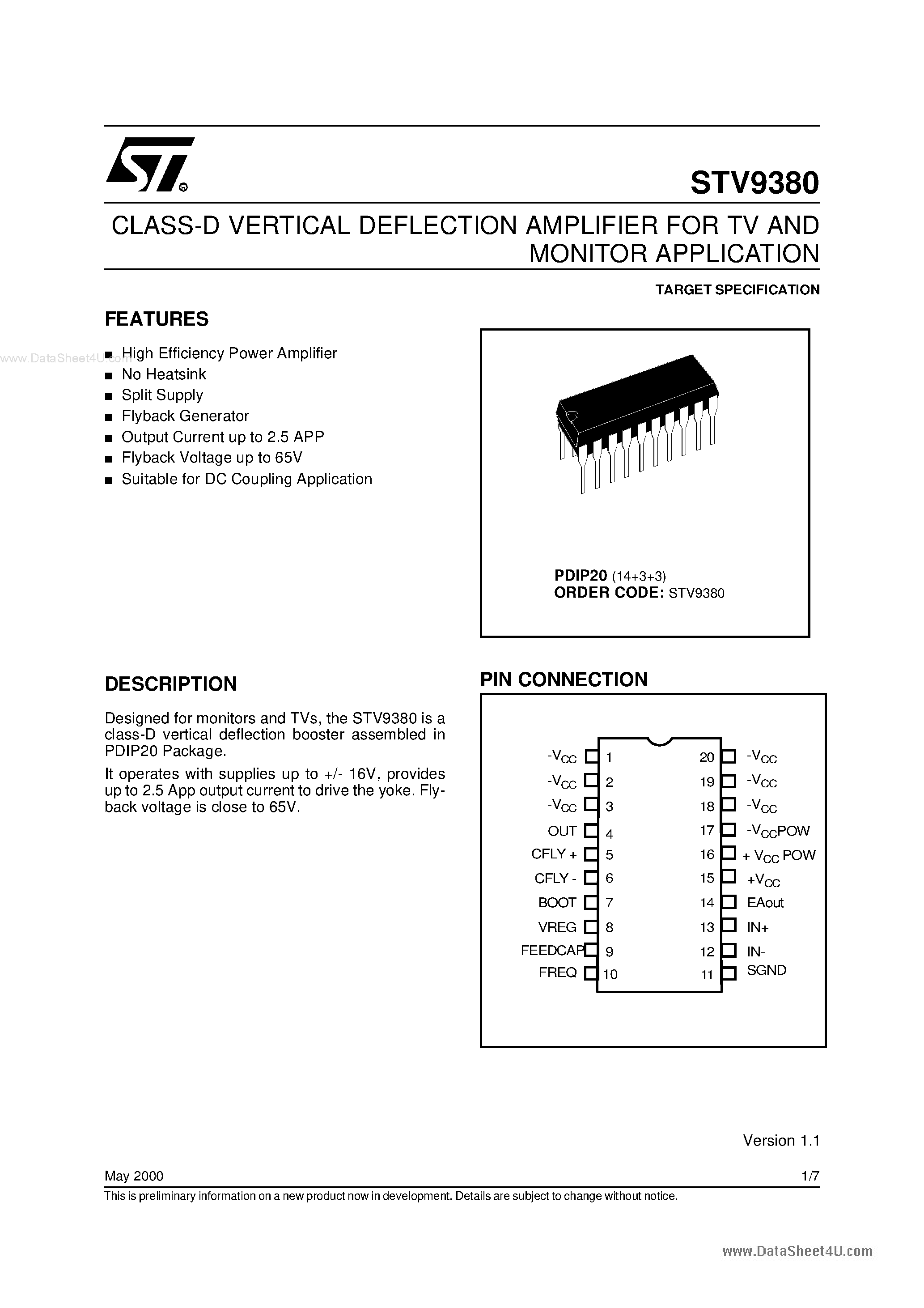 Datasheet STV9380 - CLASS-D VERTICAL DEFLECTION AMPLIFIER page 1